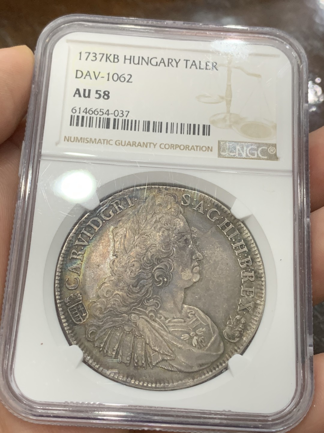 《竞宝斋》第96场-本周日，周一，周四，3场连拍（全场不限金额包邮） NGC-AU58 1737年神圣罗马帝国查理六世泰勒 匈牙利版，克雷姆尼察厂造，五彩包浆