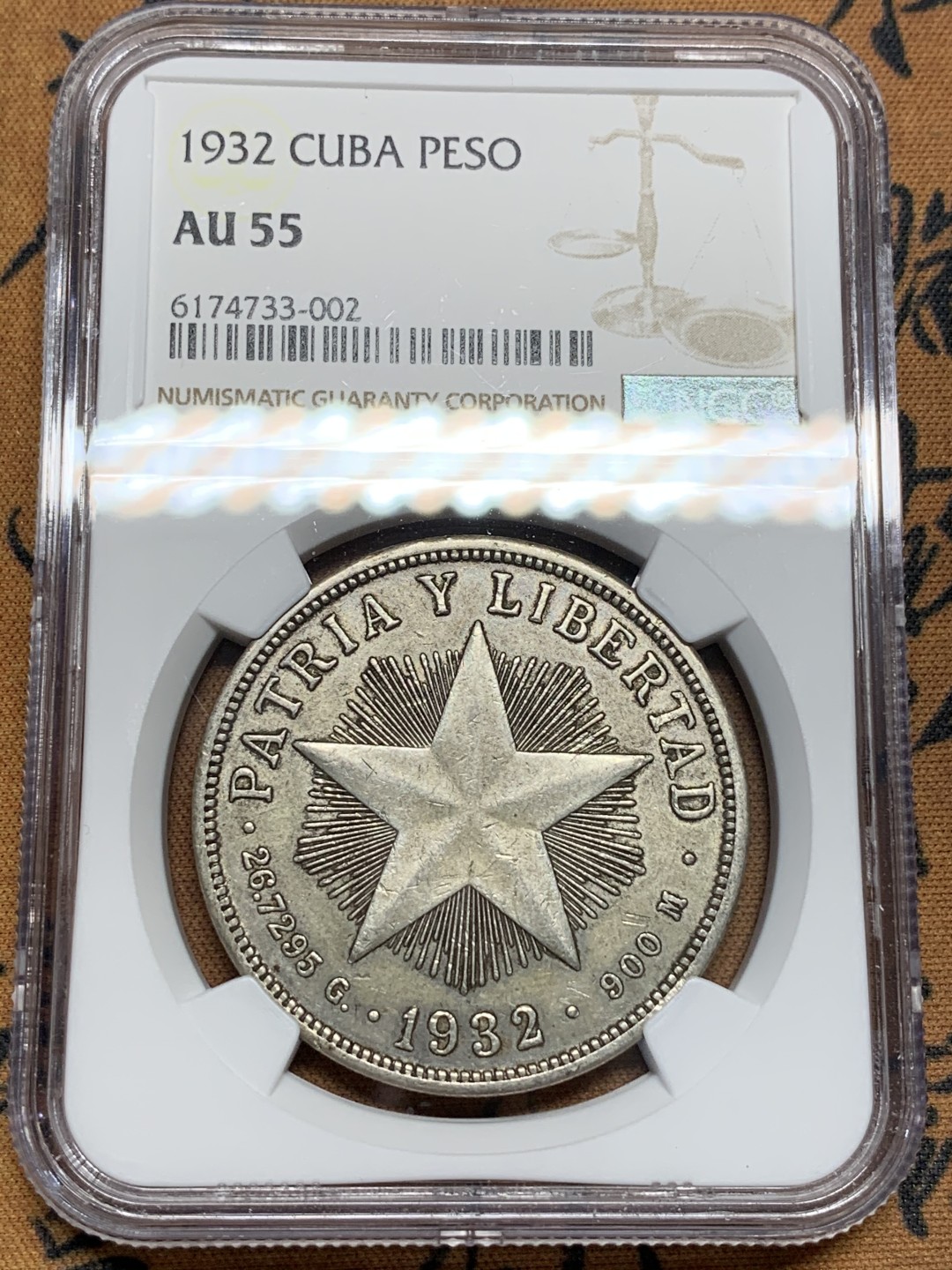 《竞宝斋》第96场-本周日，周一，周四，3场连拍（全场不限金额包邮） NGC-AU55 古巴1932年 大五星 1比索大银币 原味好品 出分不易