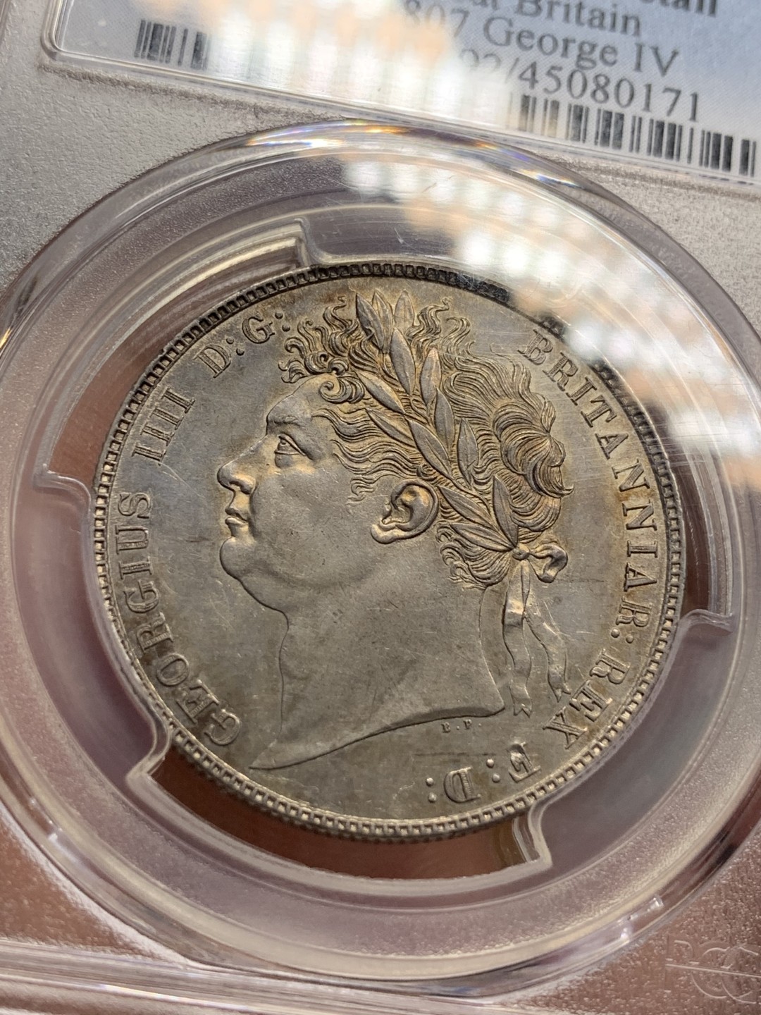 《竞宝斋》第96场-本周日，周一，周四，3场连拍（全场不限金额包邮） PCGS UNC92 英国 1820年 乔四半克朗 银币 淡彩包浆 细节好 状态佳