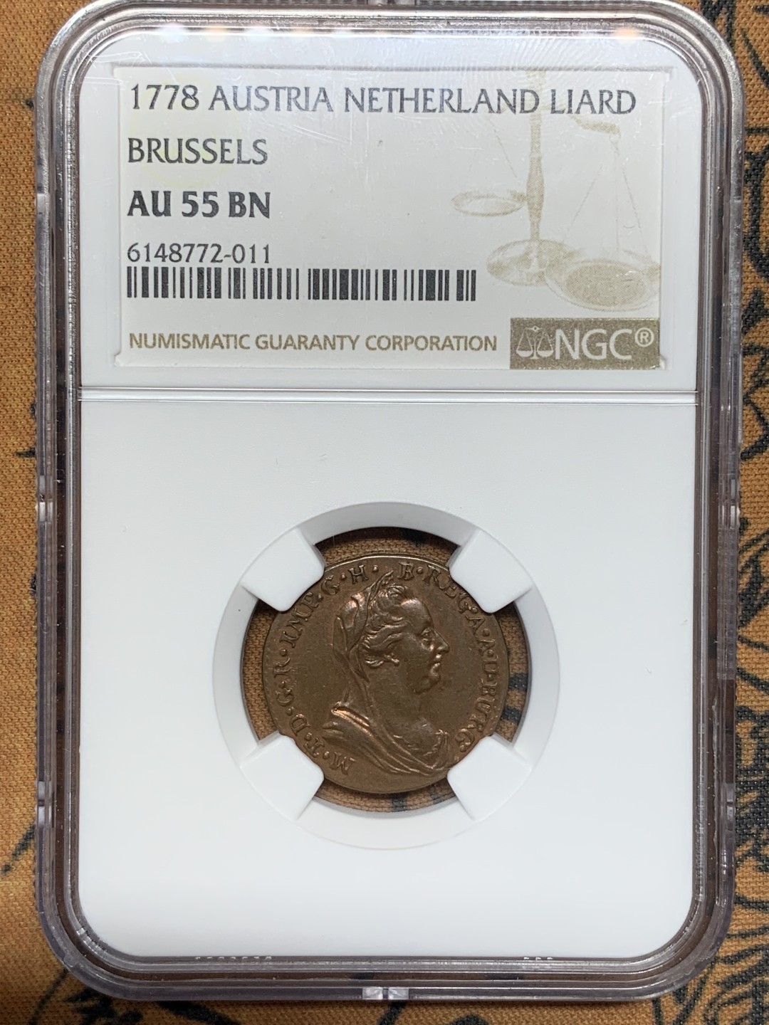 《竞宝斋》第96场-本周日，周一，周四，3场连拍（全场不限金额包邮） NGC AU55，奥属尼德兰，1778年，特蕾莎大奶妈1L铜币，原光好品，非常少见。