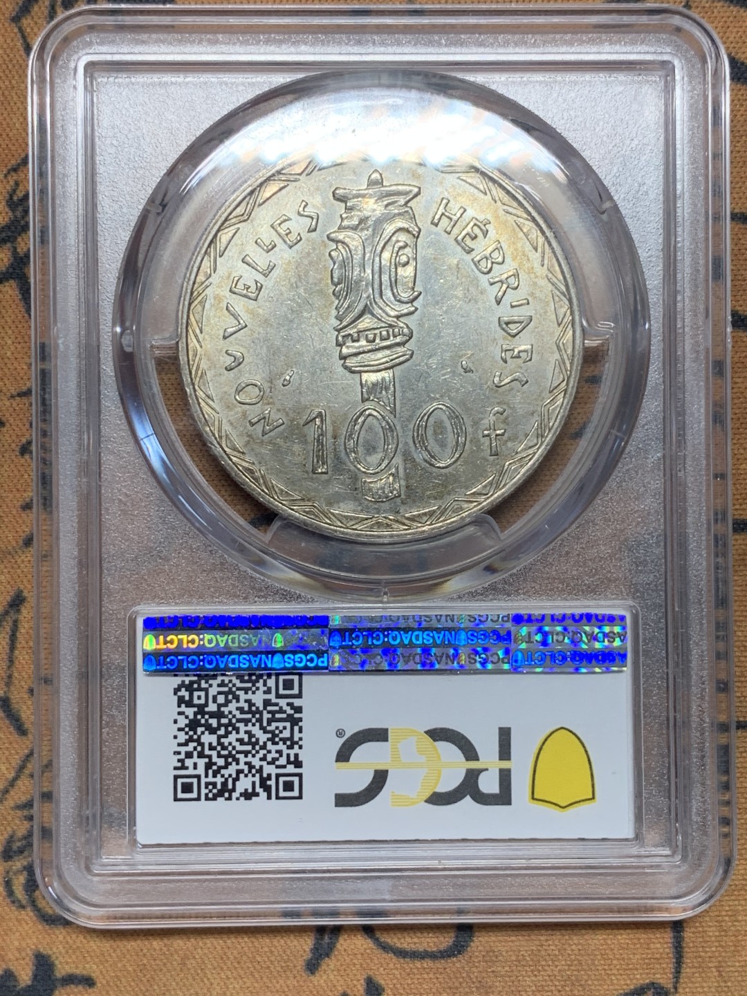 《竞宝斋》第96场-本周日，周一，周四，3场连拍（全场不限金额包邮） PCGS-AU58  法属新赫布里底 1966年  100法郎银币 