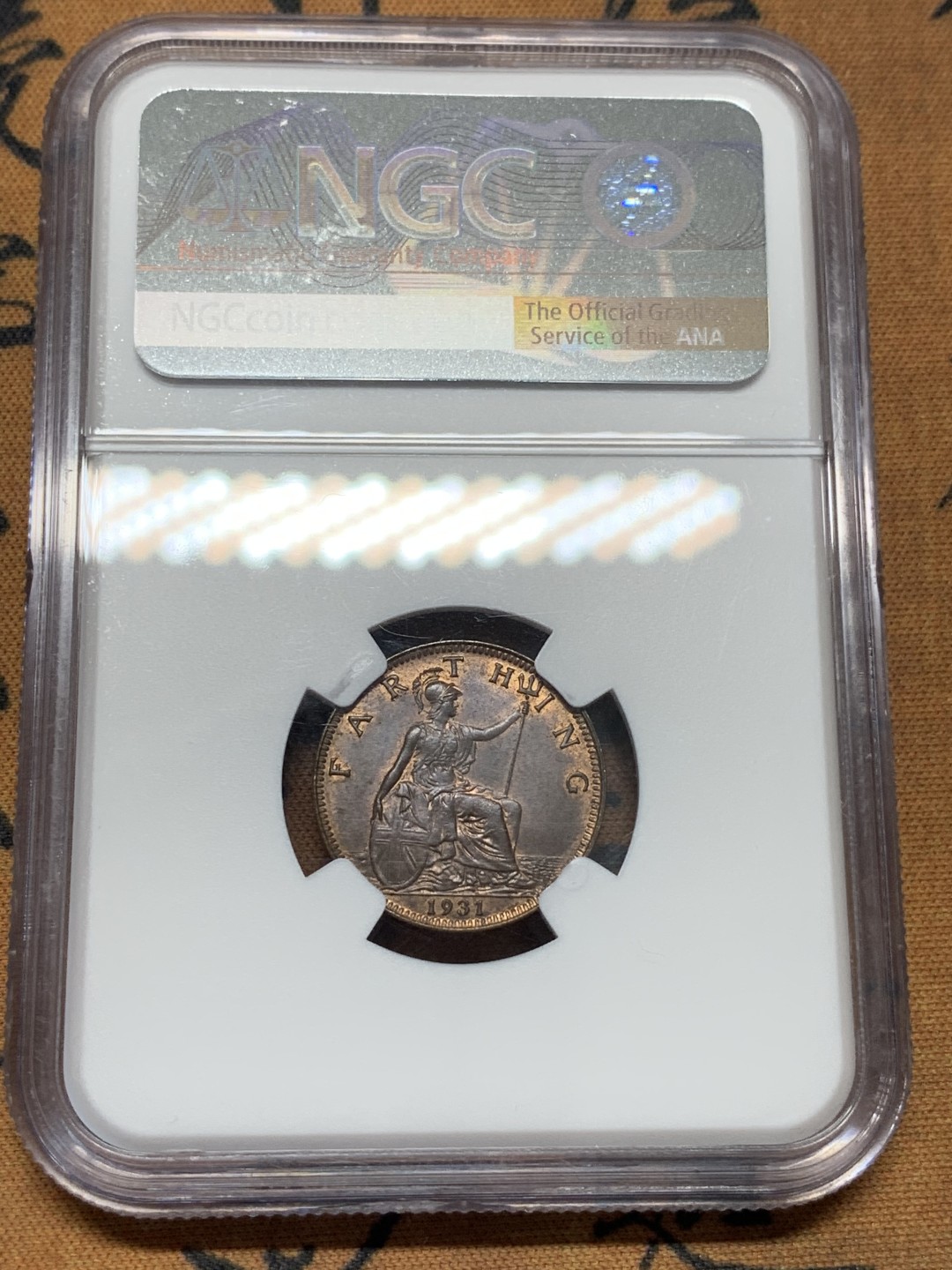 《竞宝斋》第96场-本周日，周一，周四，3场连拍（全场不限金额包邮） NGC MS64BN 英国 1931年 乔治五世 1/4便士=1法新 铜币 深打难得