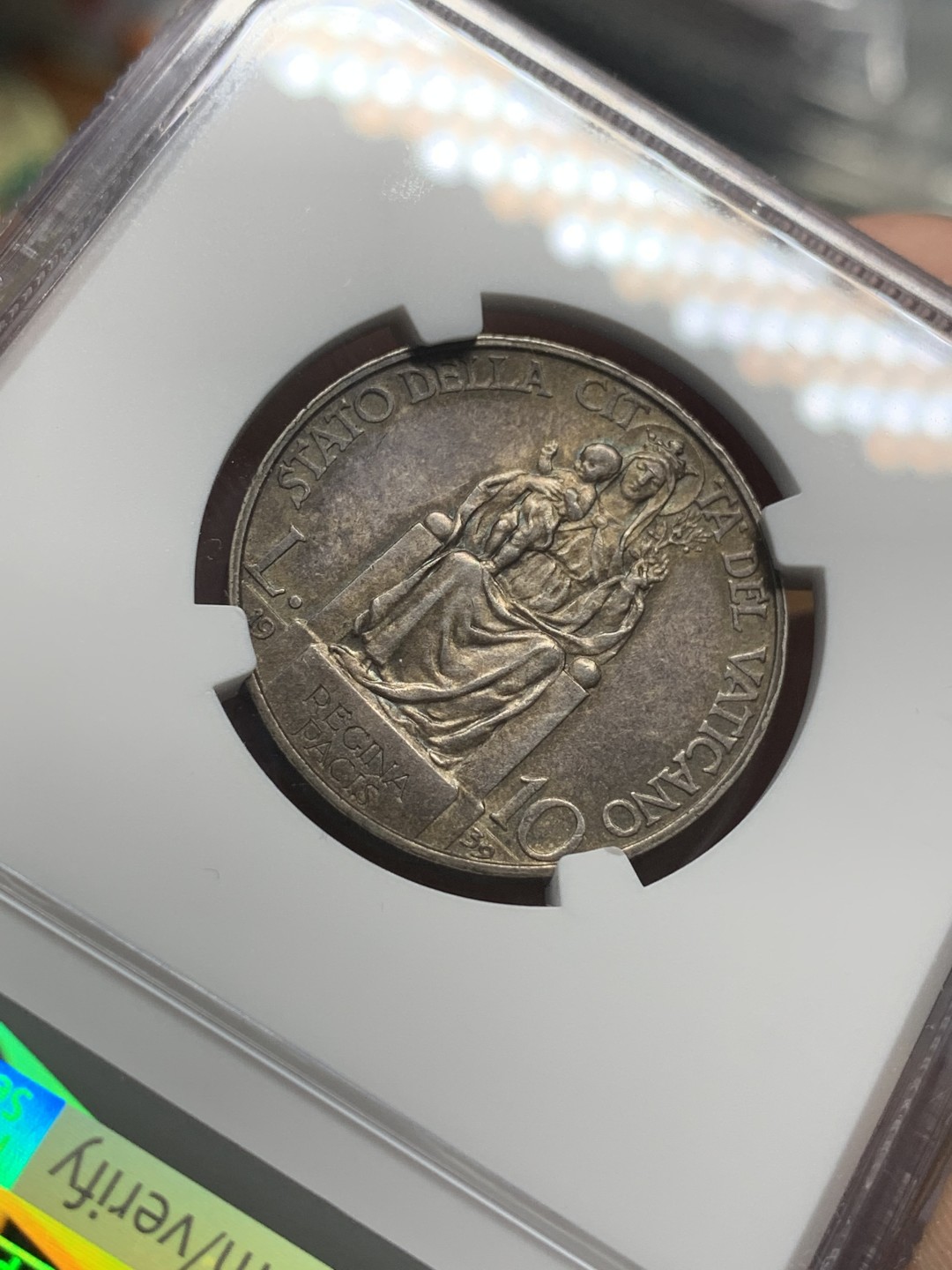 《竞宝斋》第96场-本周日，周一，周四，3场连拍（全场不限金额包邮） NGC-MS63 梵蒂冈1939年教皇保罗十二世头像10里拉银币，原味老包浆，发行量仅仅1万枚，少见品种