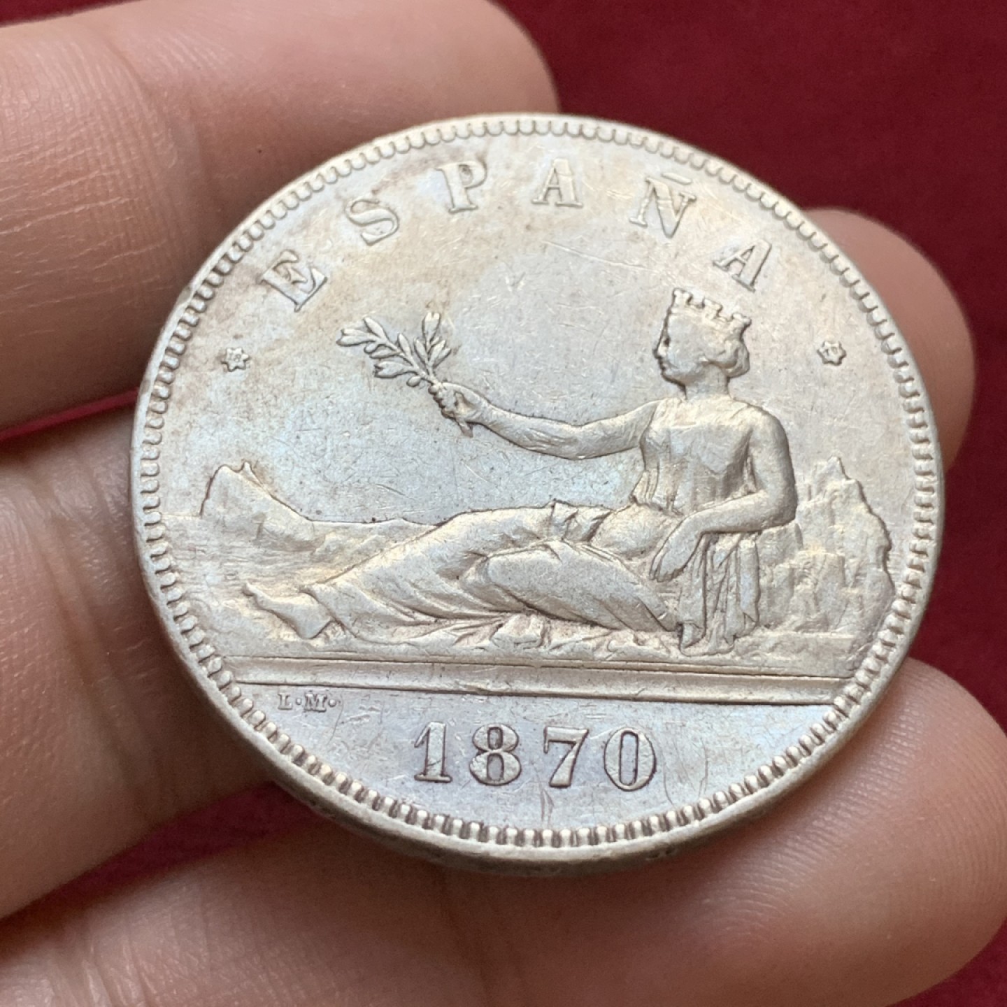 《竞宝斋》第96场-本周日，周一，周四，3场连拍（全场不限金额包邮） 1870年 西班牙 拿花 5比塞塔 银币通货好品