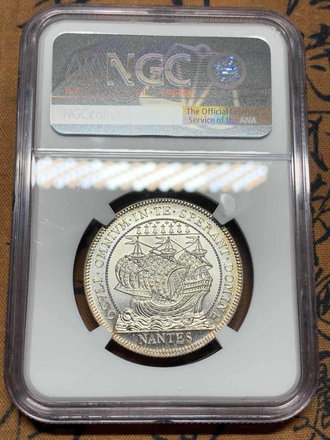 《竞宝斋》第96场-本周日，周一，周四，3场连拍（全场不限金额包邮） NGC-MS66 法国十九世纪 南特大帆船 JETON银制代用币 顶级品相 粉光非常漂亮