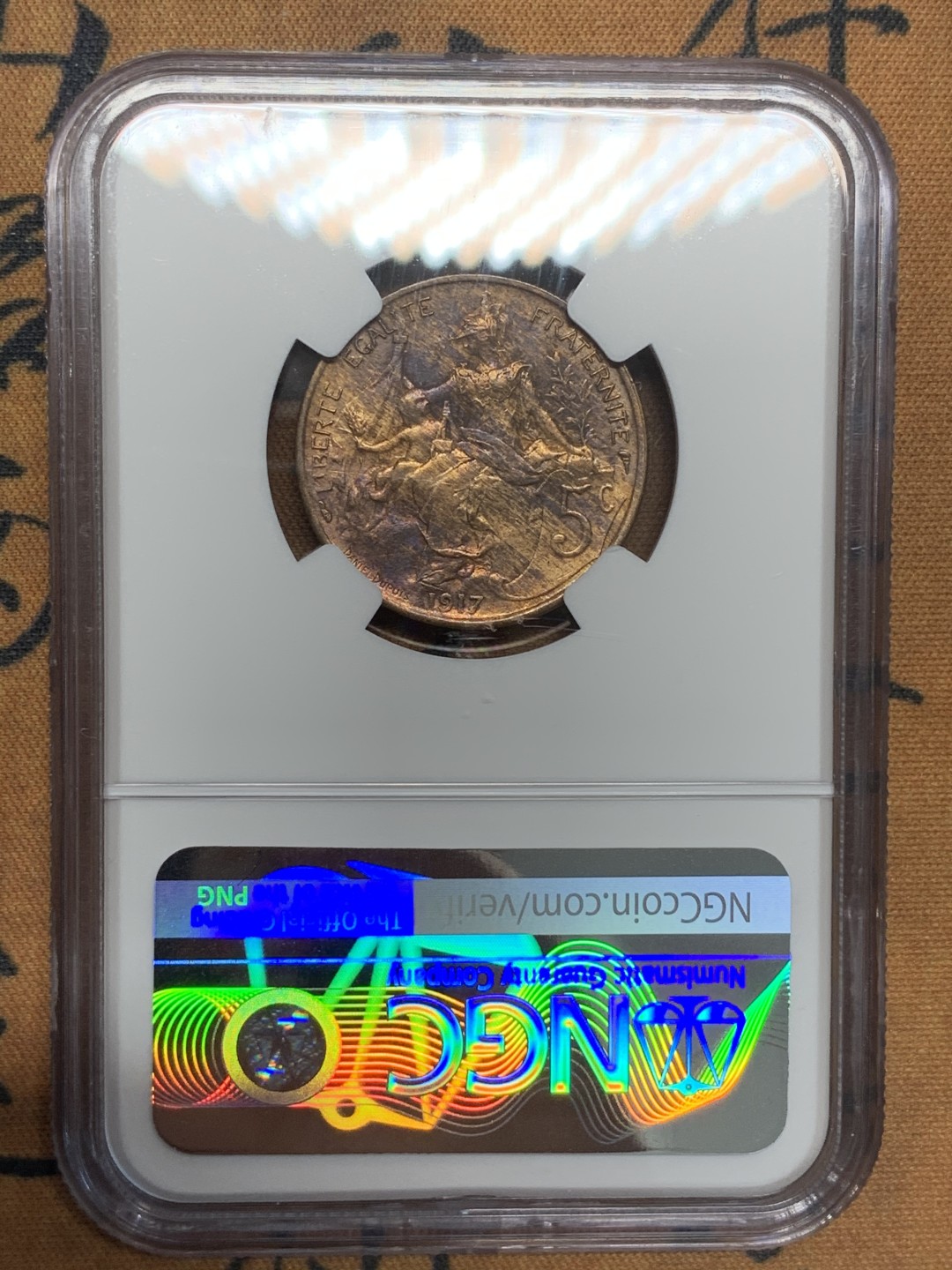 《竞宝斋》第96场-本周日，周一，周四，3场连拍（全场不限金额包邮） NGC AU58BN 法国1917年5分铜币