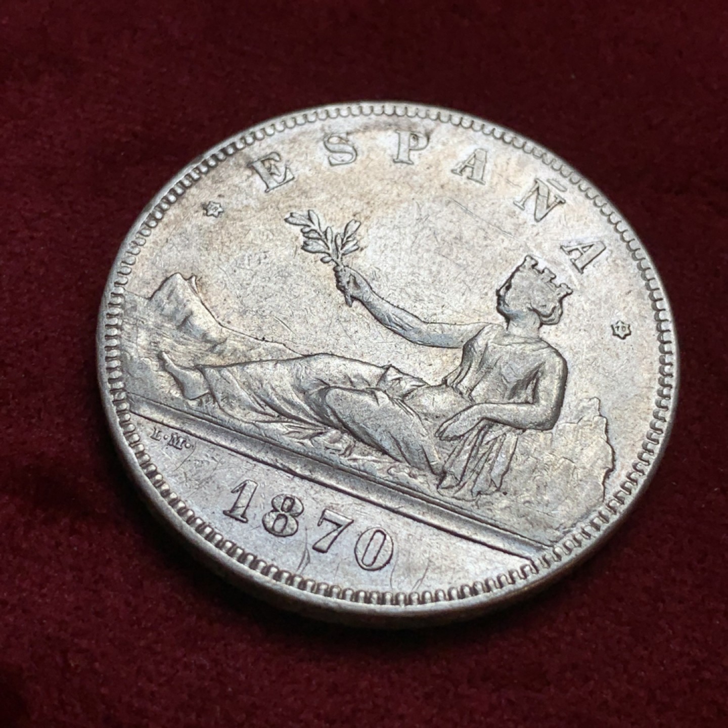 《竞宝斋》第96场-本周日，周一，周四，3场连拍（全场不限金额包邮） 1870年 西班牙 拿花 5比塞塔 银币通货好品