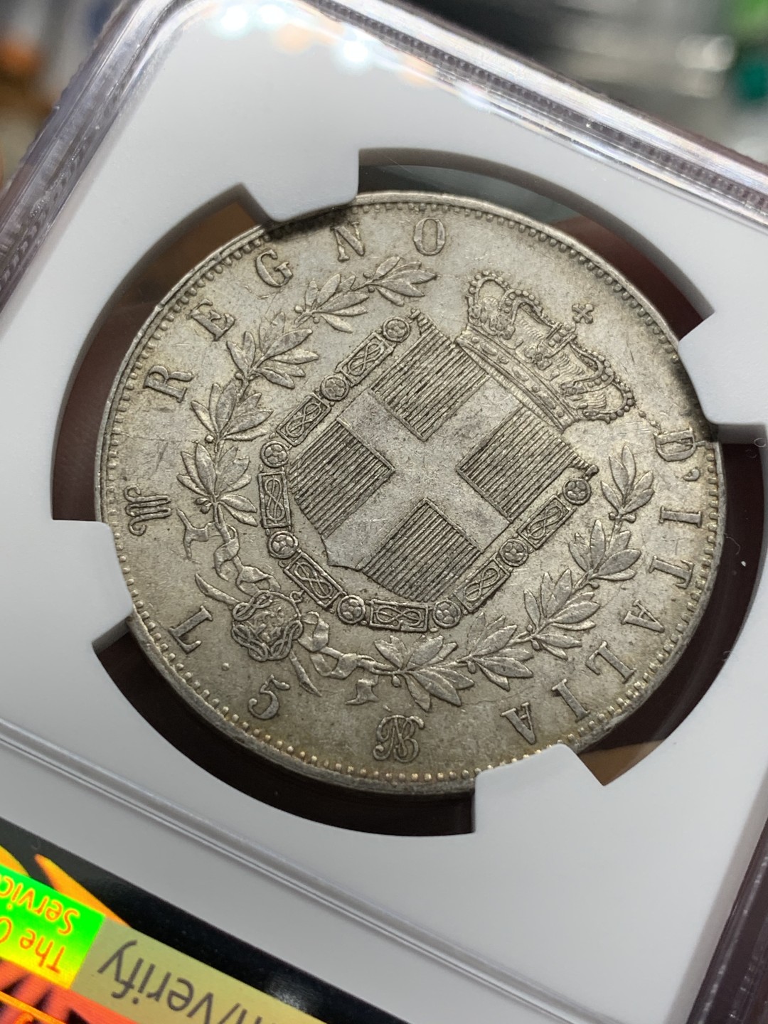 《竞宝斋》第96场-本周日，周一，周四，3场连拍（全场不限金额包邮） NGC-AU53 意大利1872年 埃曼纽尔二世 米兰造 5里拉大银币 好品原味带光