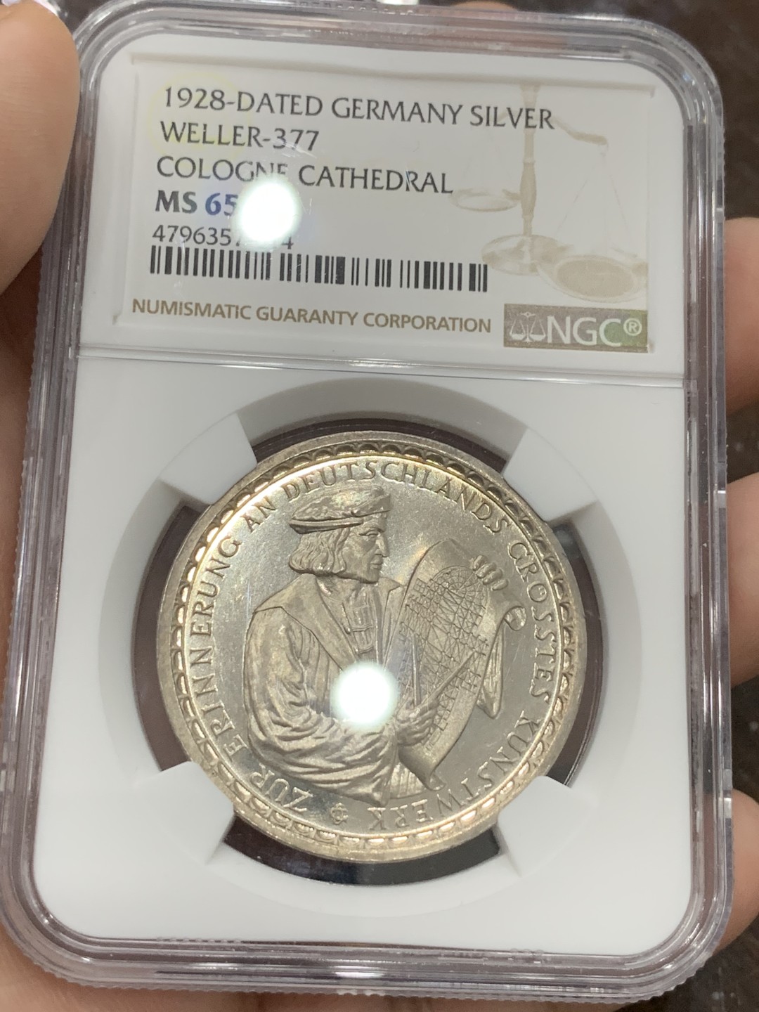 《竞宝斋》第96场-本周日，周一，周四，3场连拍（全场不限金额包邮） NGC MS65 德国1928年科隆大教堂开工680周年纪念银章 直径36毫米 重量25克 高分难得