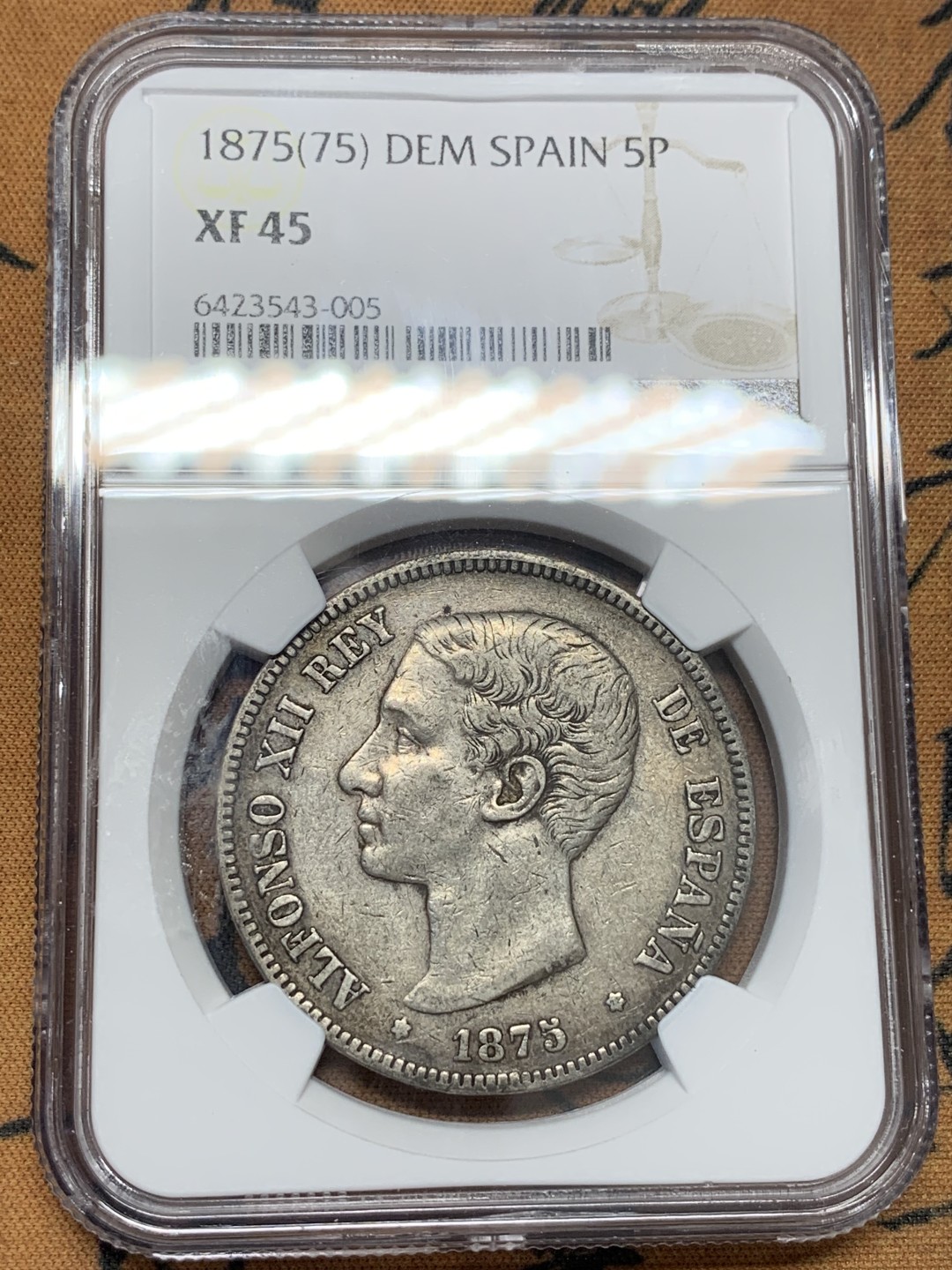 《竞宝斋》第96场-本周日，周一，周四，3场连拍（全场不限金额包邮） NGC XF45 西班牙 1875年 阿方索十二世5比塞塔双柱银币 老包浆