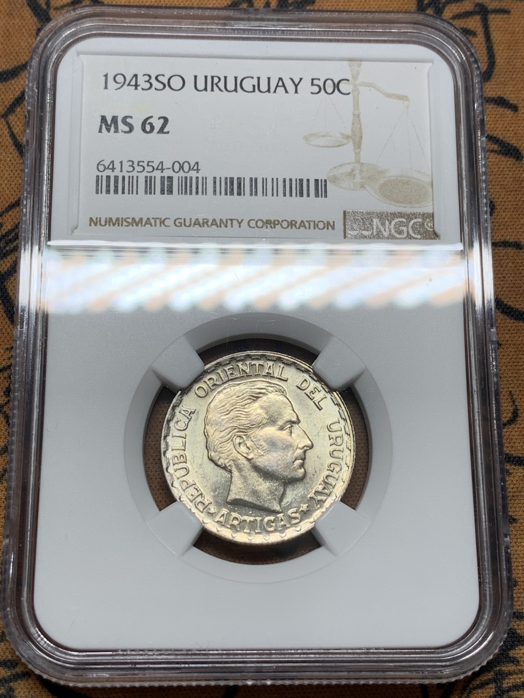 《竞宝斋》第96场-本周日，周一，周四，3场连拍（全场不限金额包邮） NGC MS62 乌拉圭 1943年 50分银币