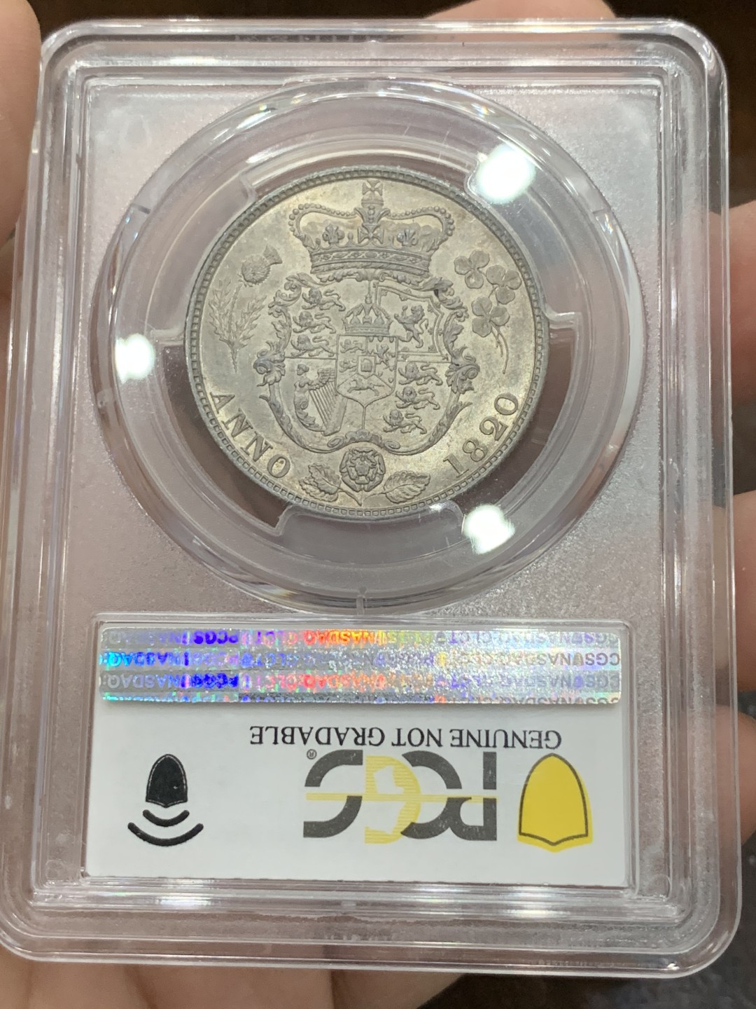 《竞宝斋》第96场-本周日，周一，周四，3场连拍（全场不限金额包邮） PCGS UNC92 英国 1820年 乔四半克朗 银币 淡彩包浆 细节好 状态佳