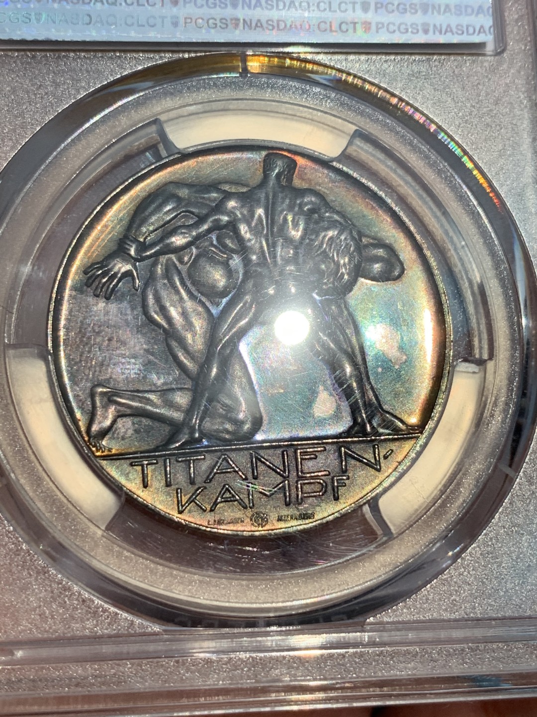 《竞宝斋》第96场-本周日，周一，周四，3场连拍（全场不限金额包邮） PCGS SP63德国1914年兴登堡五彩坦能堡东线战役大胜纪念银章 背面大卫与歌利亚在博弈代表3000年前出自圣经《旧约》中的故事片段，代表弱者完成战胜强者的不可能的奇迹。（P封面第一展示的唯一冠军分）