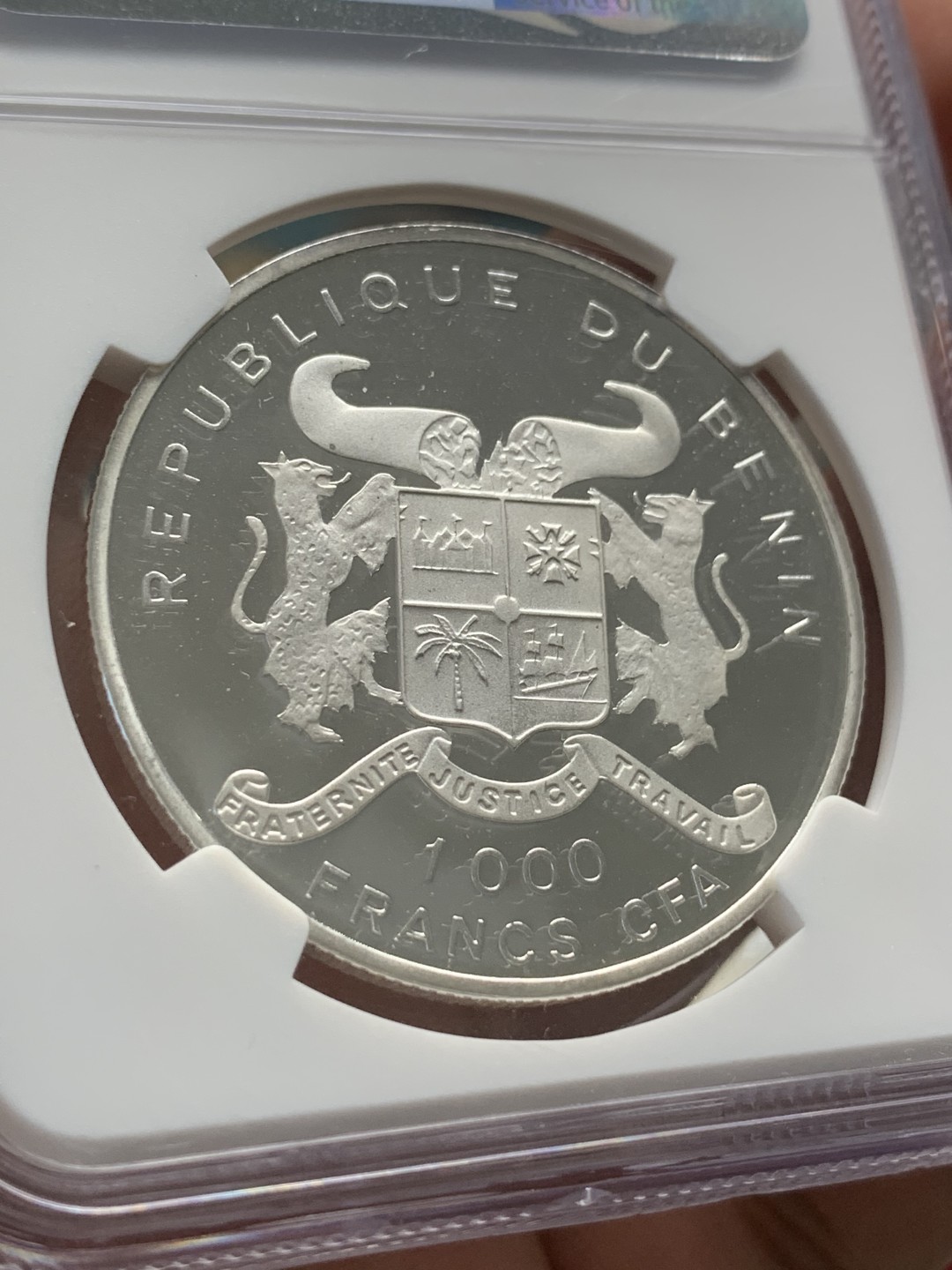 《竞宝斋》第96场-本周日，周一，周四，3场连拍（全场不限金额包邮） NGC PF69 UC 贝宁1992年1000FR 纪念银币 冠军分数 发行量1000枚