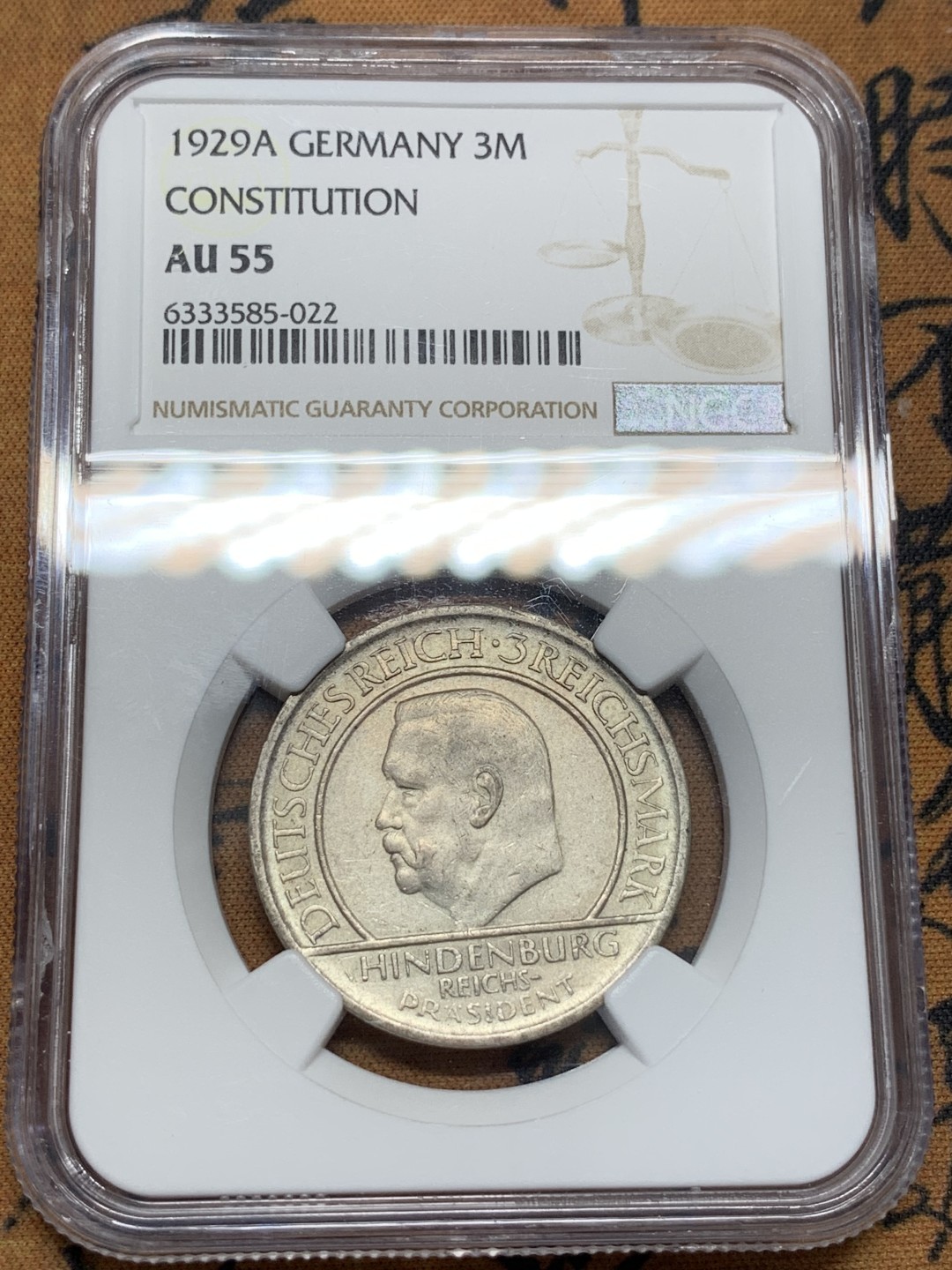 《竞宝斋》第96场-本周日，周一，周四，3场连拍（全场不限金额包邮） NGC-AU55 德国  1929年 宪法纪念币 3马克 银币 A版