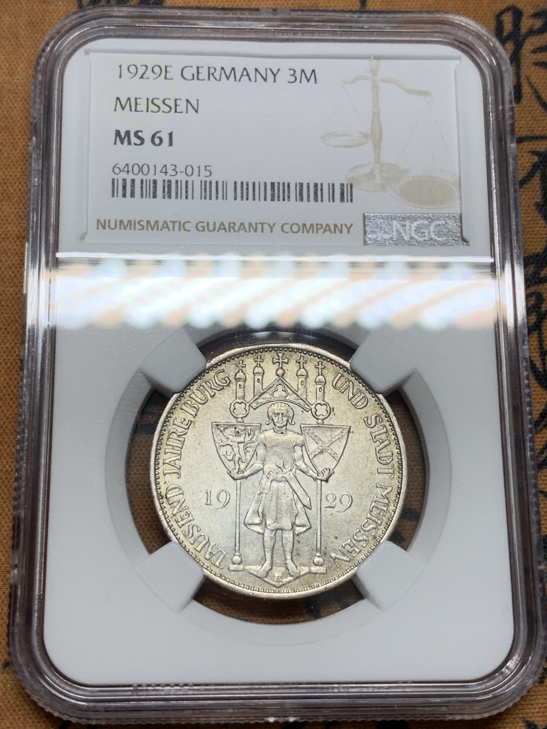《竞宝斋》第96场-本周日，周一，周四，3场连拍（全场不限金额包邮） NGC MS61，德国魏玛，1929年梅森千年3马克 银币