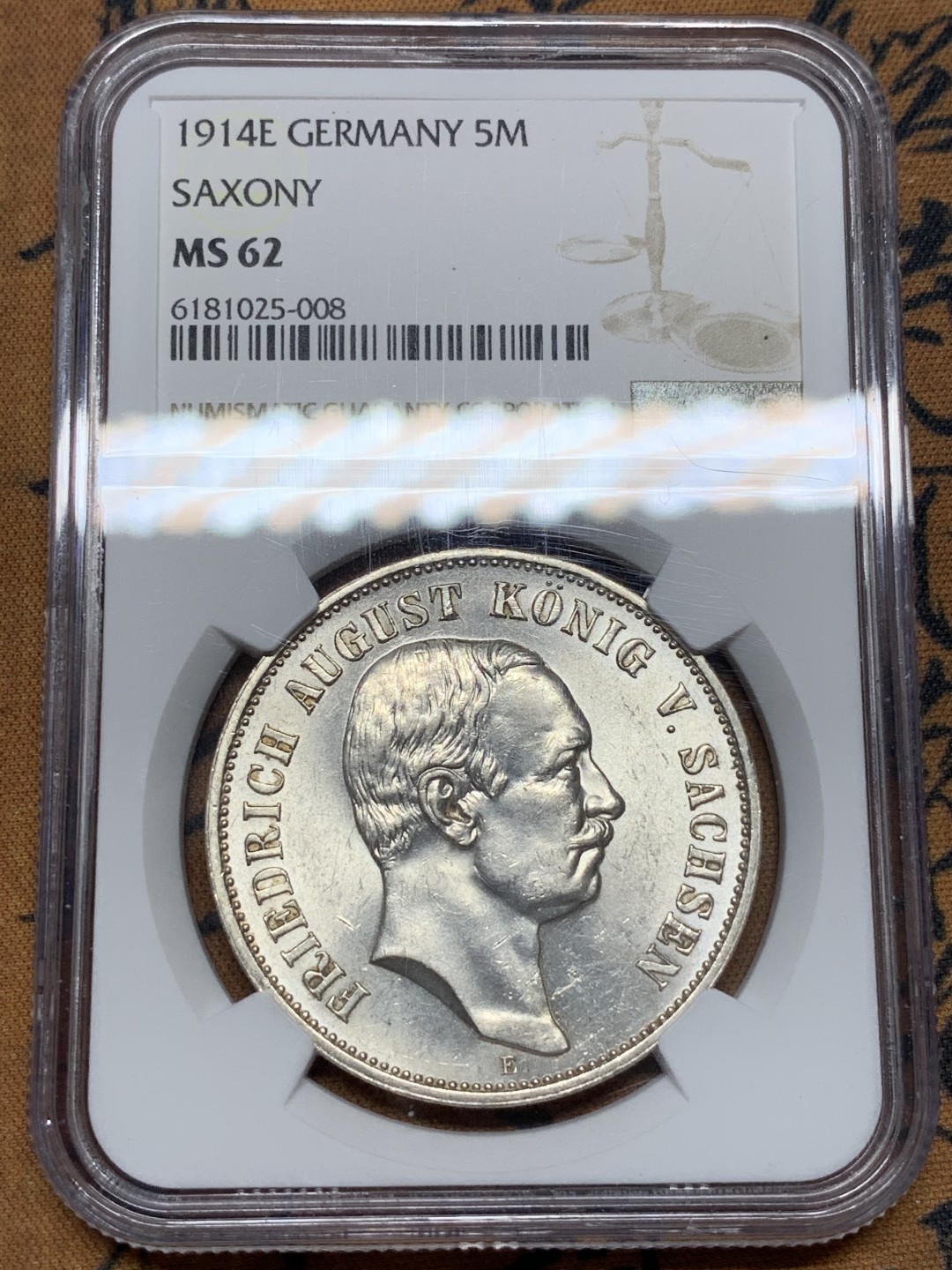 《竞宝斋》第96场-本周日，周一，周四，3场连拍（全场不限金额包邮） NGC-MS62 德国萨克森 1914年 5马克 原光银币 较少的品种 好品难得