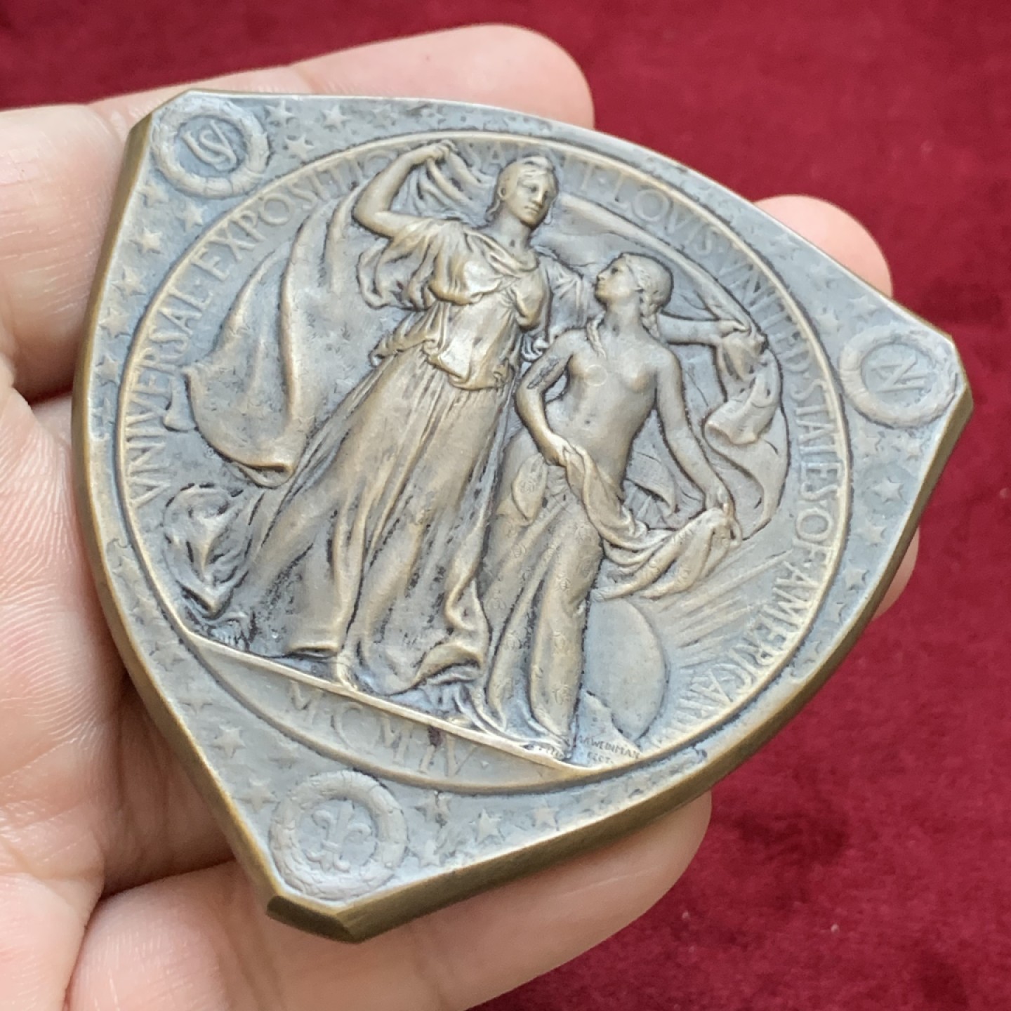 《竞宝斋》第96场-本周日，周一，周四，3场连拍（全场不限金额包邮） 1904年圣路易斯世博会纪念奖章 百年浓郁包浆，带原盒 发行量6000枚