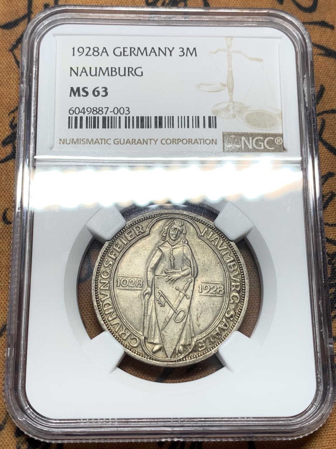 《竞宝斋》第96场-本周日，周一，周四，3场连拍（全场不限金额包邮） NGC MS63，德国魏玛，1928年玛瑙堡3马克 非常少见的品种