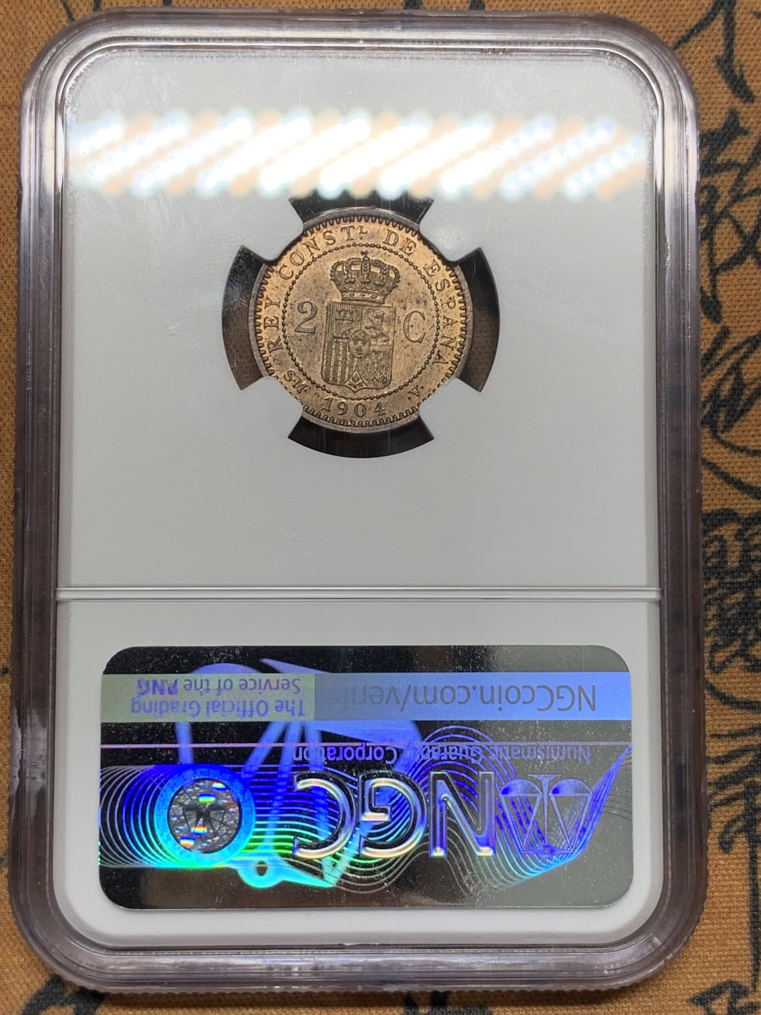 《竞宝斋》第96场-本周日，周一，周四，3场连拍（全场不限金额包邮） NGC-MS63RB 西班牙 1904年 阿方索十三世  2分军装版 铜币 高分少