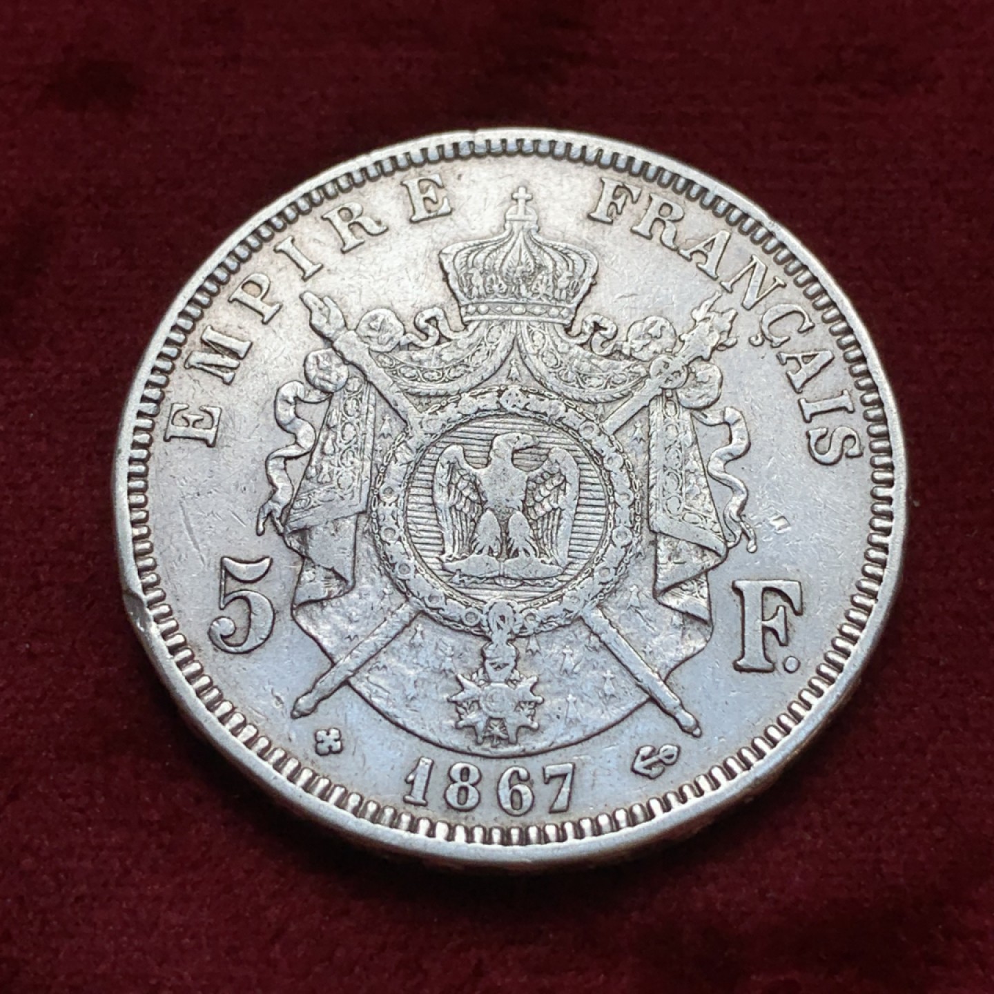 《竞宝斋》第96场-本周日，周一，周四，3场连拍（全场不限金额包邮） 1867年 BB版法国拿破仑三世5法郎银币通货好品