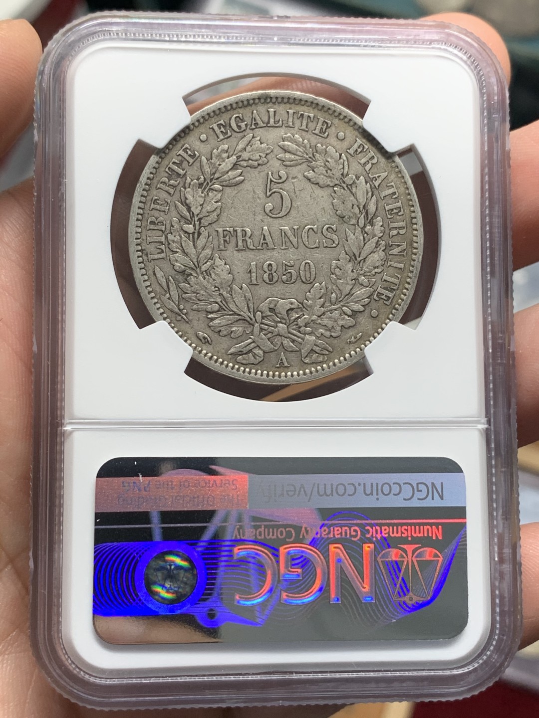 《竞宝斋》第96场-本周日，周一，周四，3场连拍（全场不限金额包邮） NGC-XF45 法国1850年 谷物女神5法郎 大银币 原味好品 出分难得品种