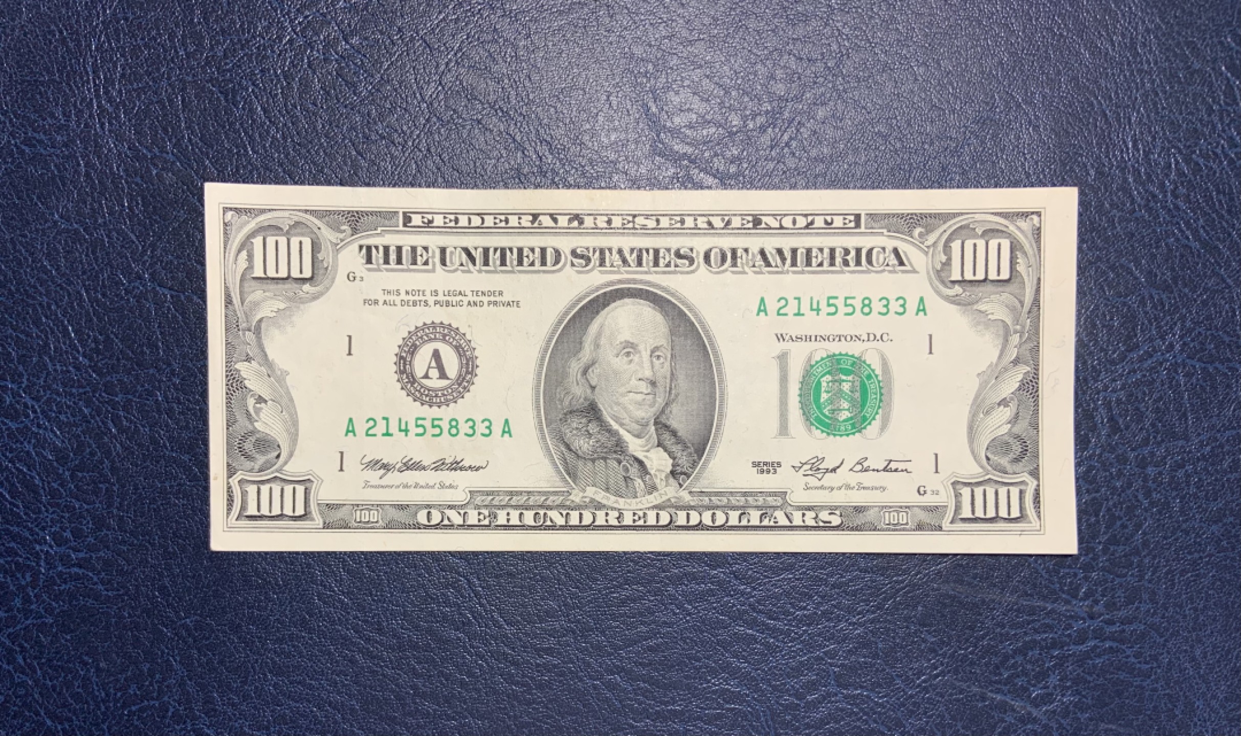 收藏联盟Quantum Auction 第192期拍卖(再次更新) 美国1993年联邦储备券100美元 非全新 品相AU 双A冠 无黄无斑无脏原票