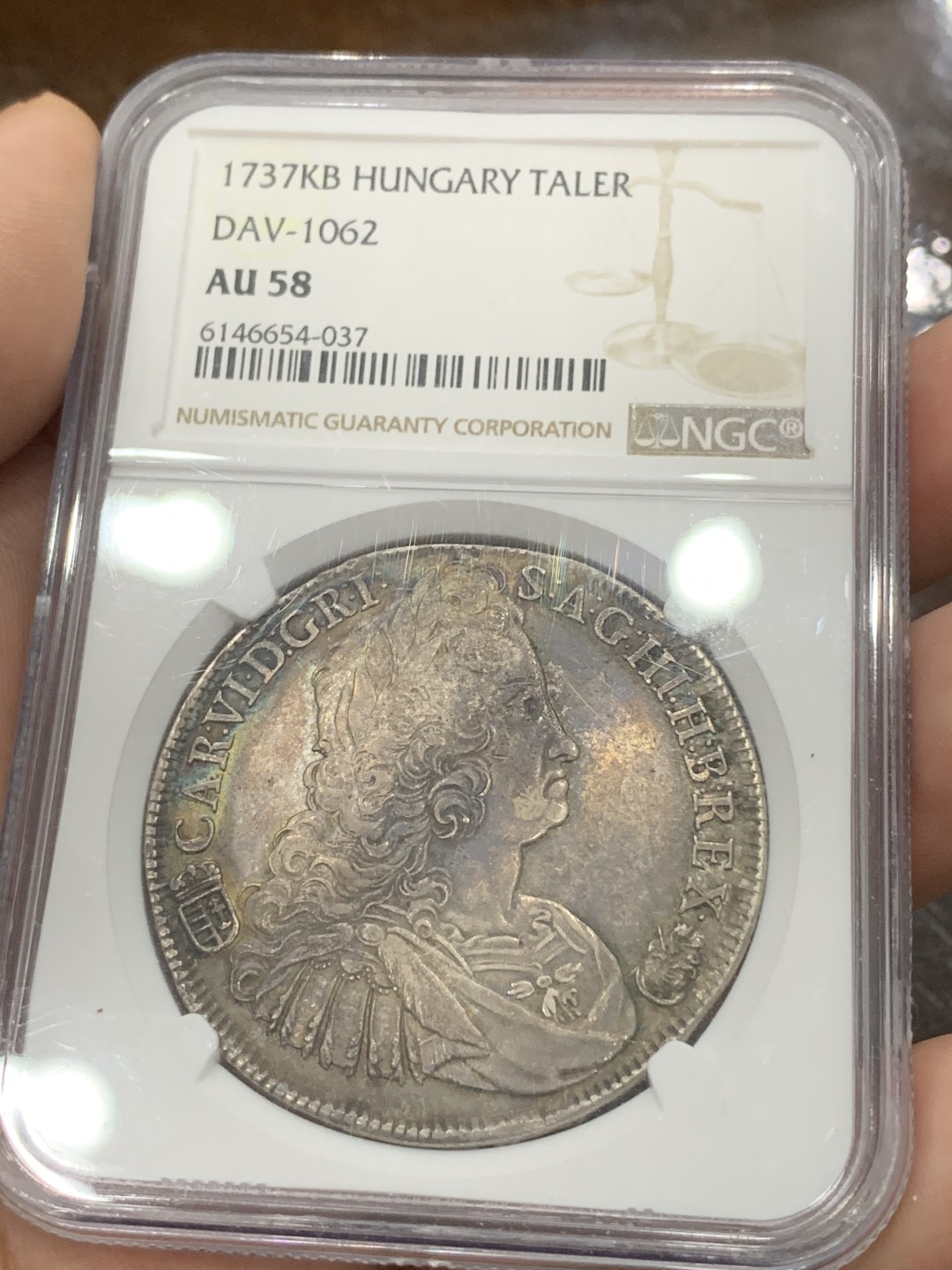 《竞宝斋》第96场-本周日，周一，周四，3场连拍（全场不限金额包邮） NGC-AU58 1737年神圣罗马帝国查理六世泰勒 匈牙利版，克雷姆尼察厂造，五彩包浆