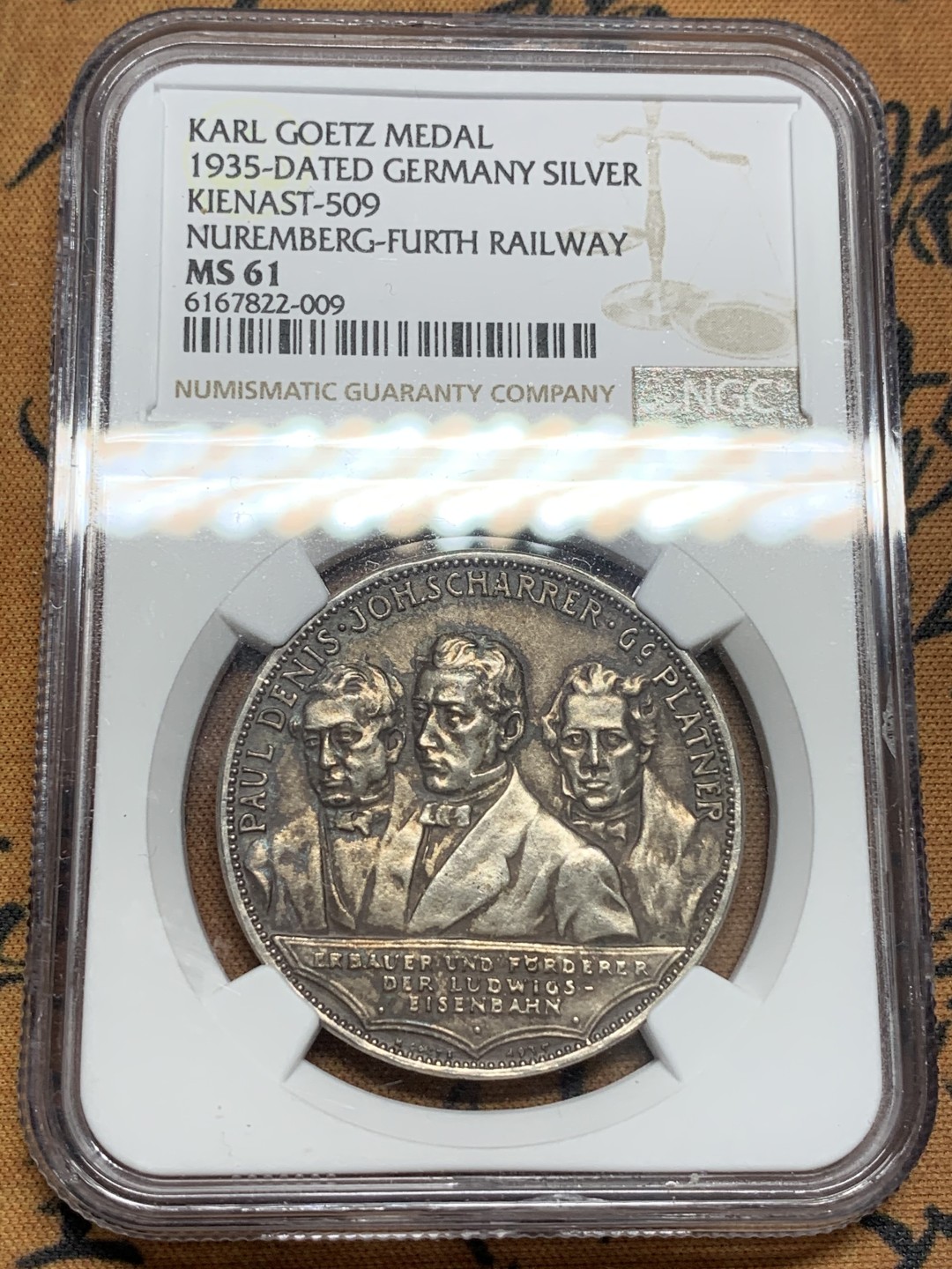 《竞宝斋》第96场-本周日，周一，周四，3场连拍（全场不限金额包邮） NGC MS61德国卡尔哥茨1835-1935第一条铁路建成百年纪念银章