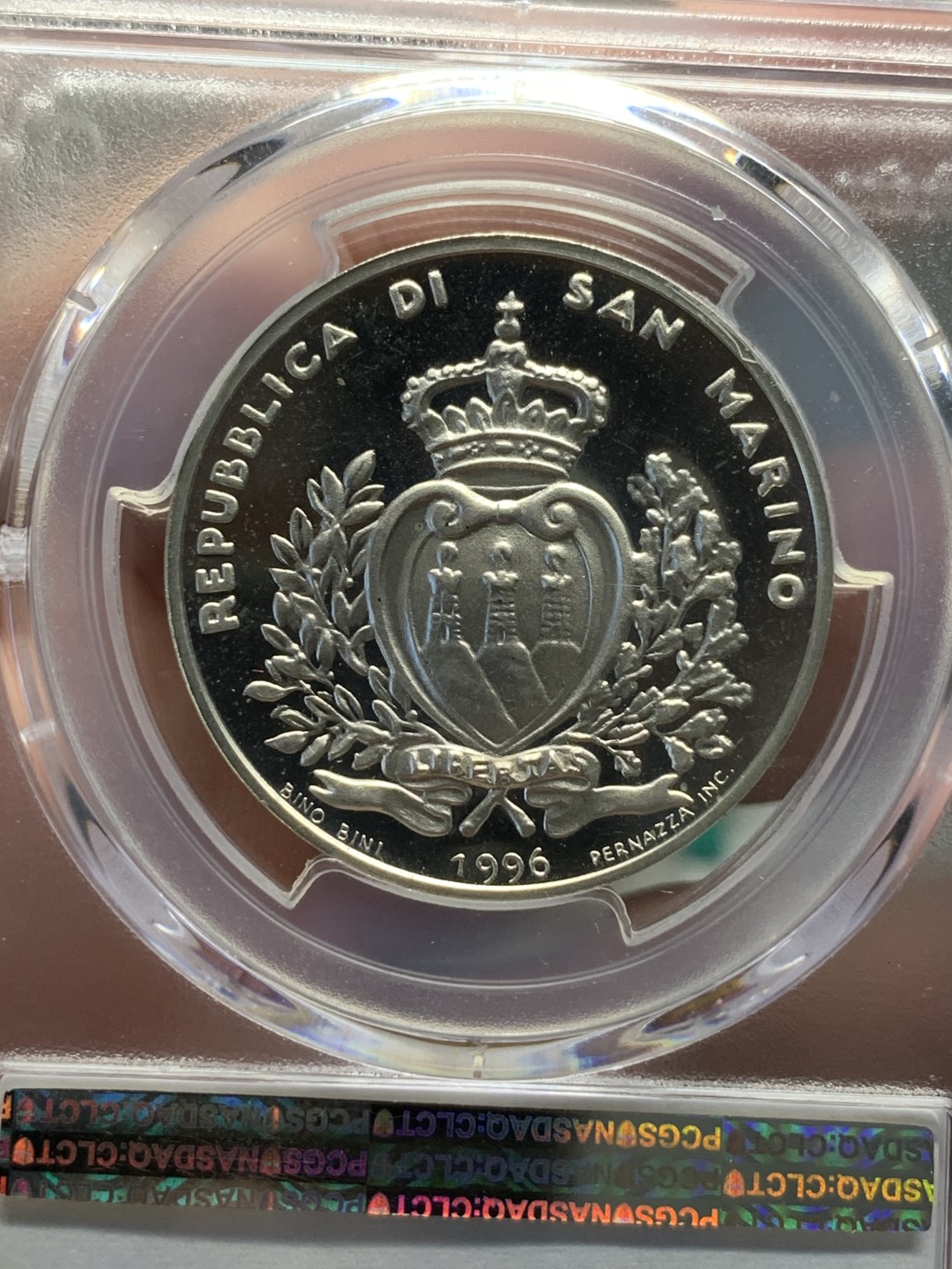 《竞宝斋》第96场-本周日，周一，周四，3场连拍（全场不限金额包邮） PCGS PR67DCAM 圣马力诺 1996年 5000里拉精制银币（唯一冠军分） 深度镜面