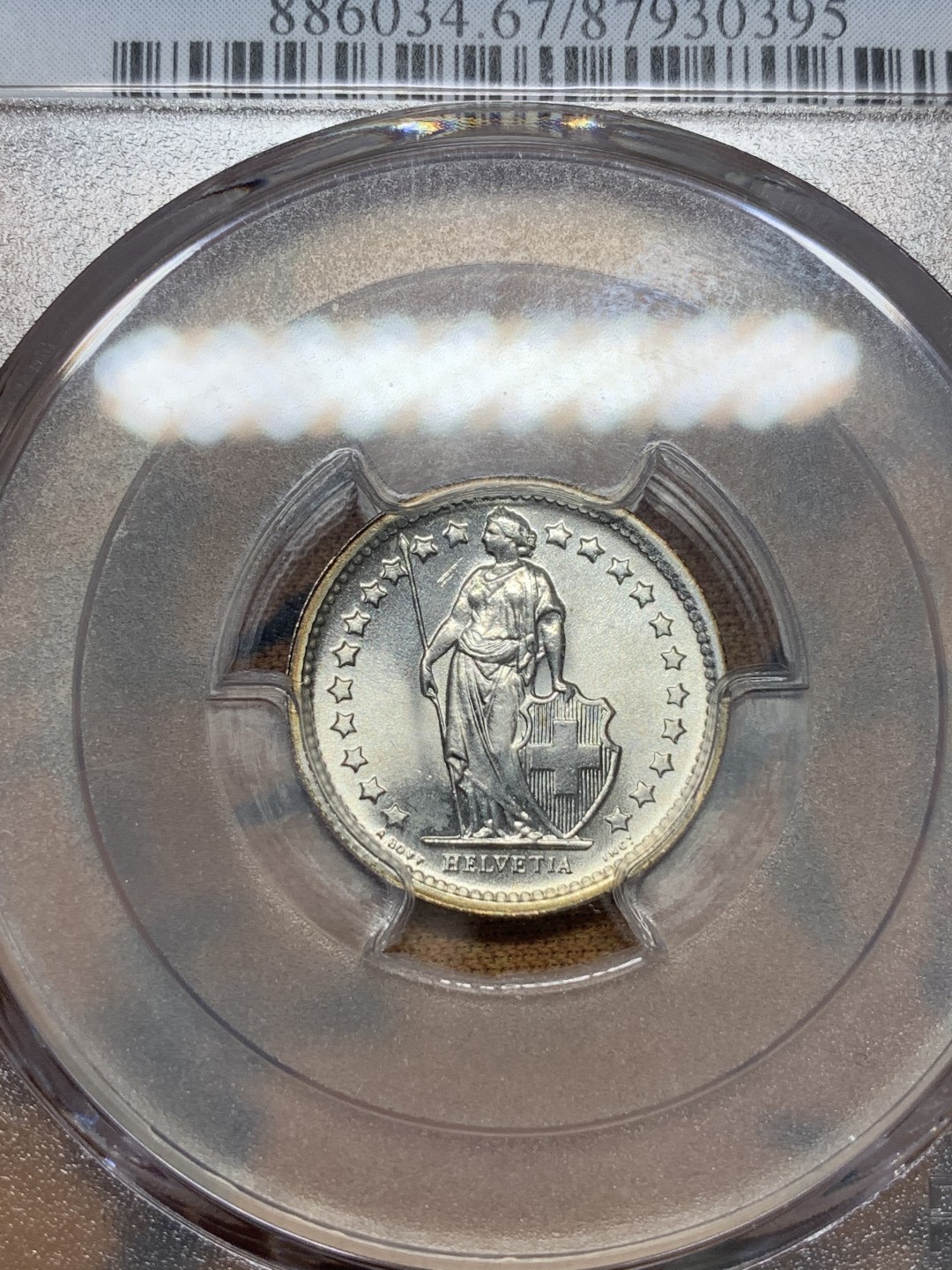 《竞宝斋》第96场-本周日，周一，周四，3场连拍（全场不限金额包邮） PCGS-MS67 瑞士1967-B 女神1/2 法郎 银币 原卷币 镜面底板 非常漂亮 带微彩