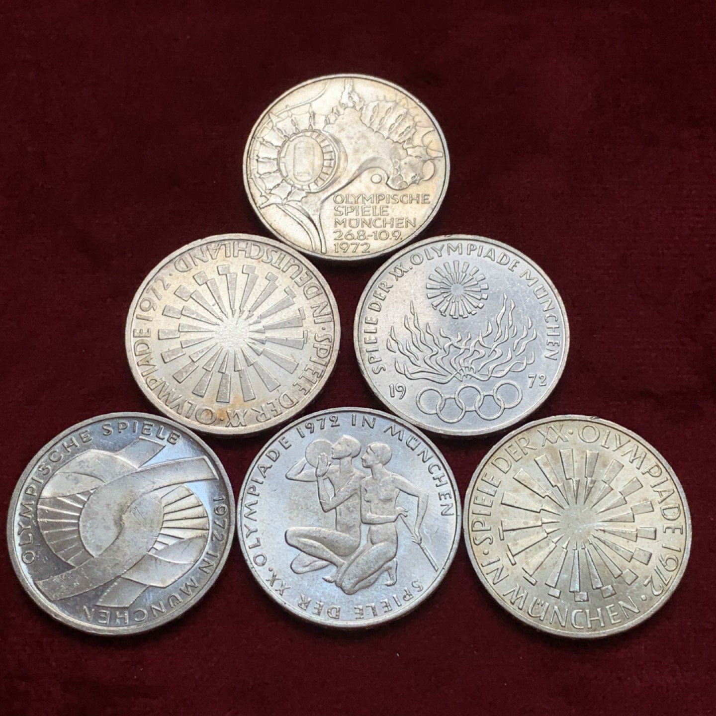 《竞宝斋》第96场-本周日，周一，周四，3场连拍（全场不限金额包邮） 银币6枚一组  德国1972年慕尼黑奥运会纪念10马克银币 单枚重量15.5克