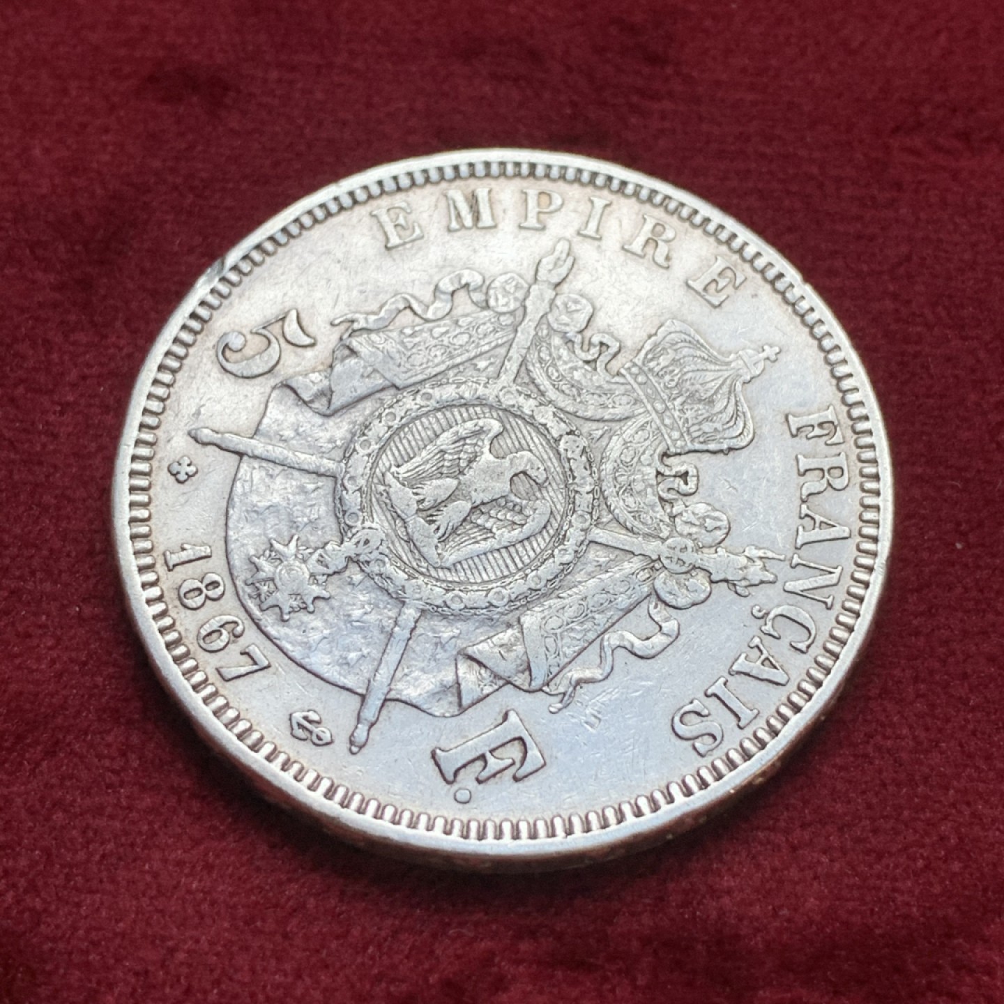 《竞宝斋》第96场-本周日，周一，周四，3场连拍（全场不限金额包邮） 1867年 BB版法国拿破仑三世5法郎银币通货好品