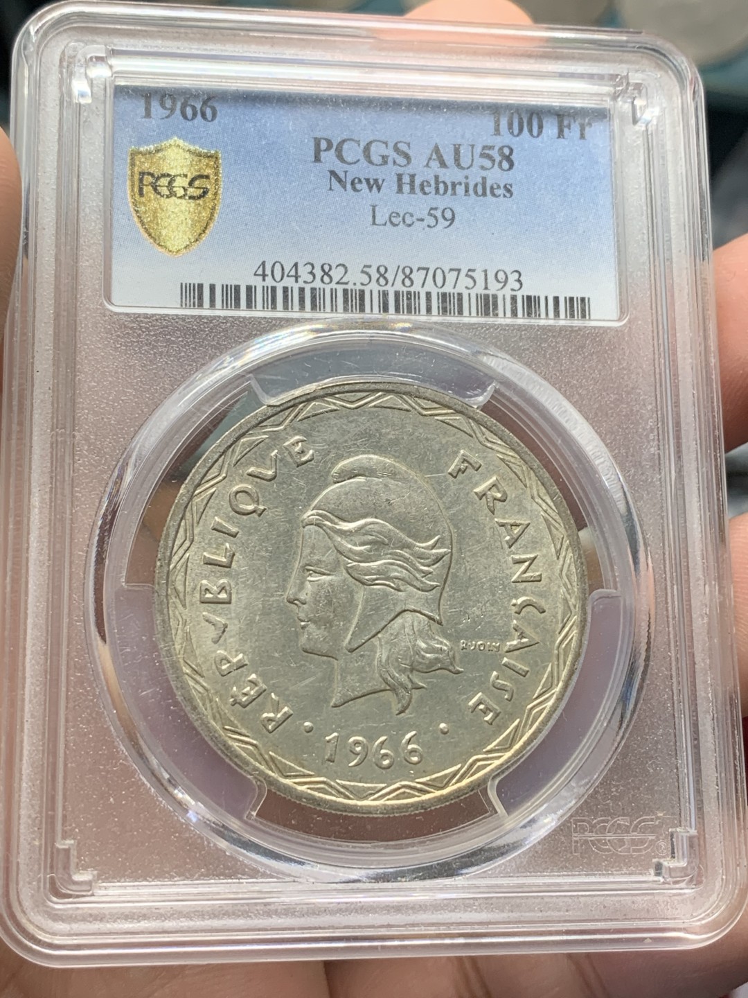 《竞宝斋》第96场-本周日，周一，周四，3场连拍（全场不限金额包邮） PCGS-AU58  法属新赫布里底 1966年  100法郎银币 