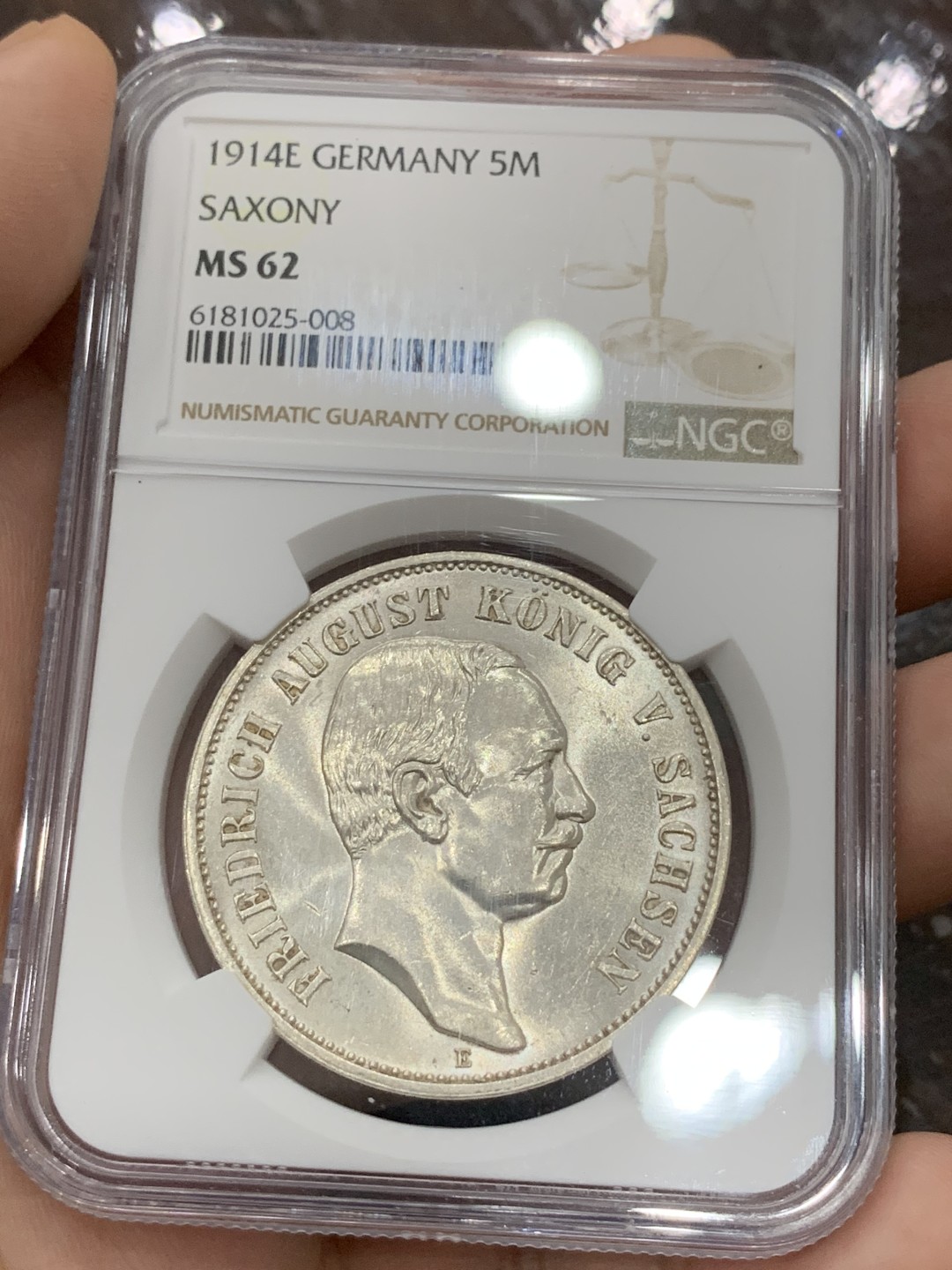 《竞宝斋》第96场-本周日，周一，周四，3场连拍（全场不限金额包邮） NGC-MS62 德国萨克森 1914年 5马克 原光银币 较少的品种 好品难得