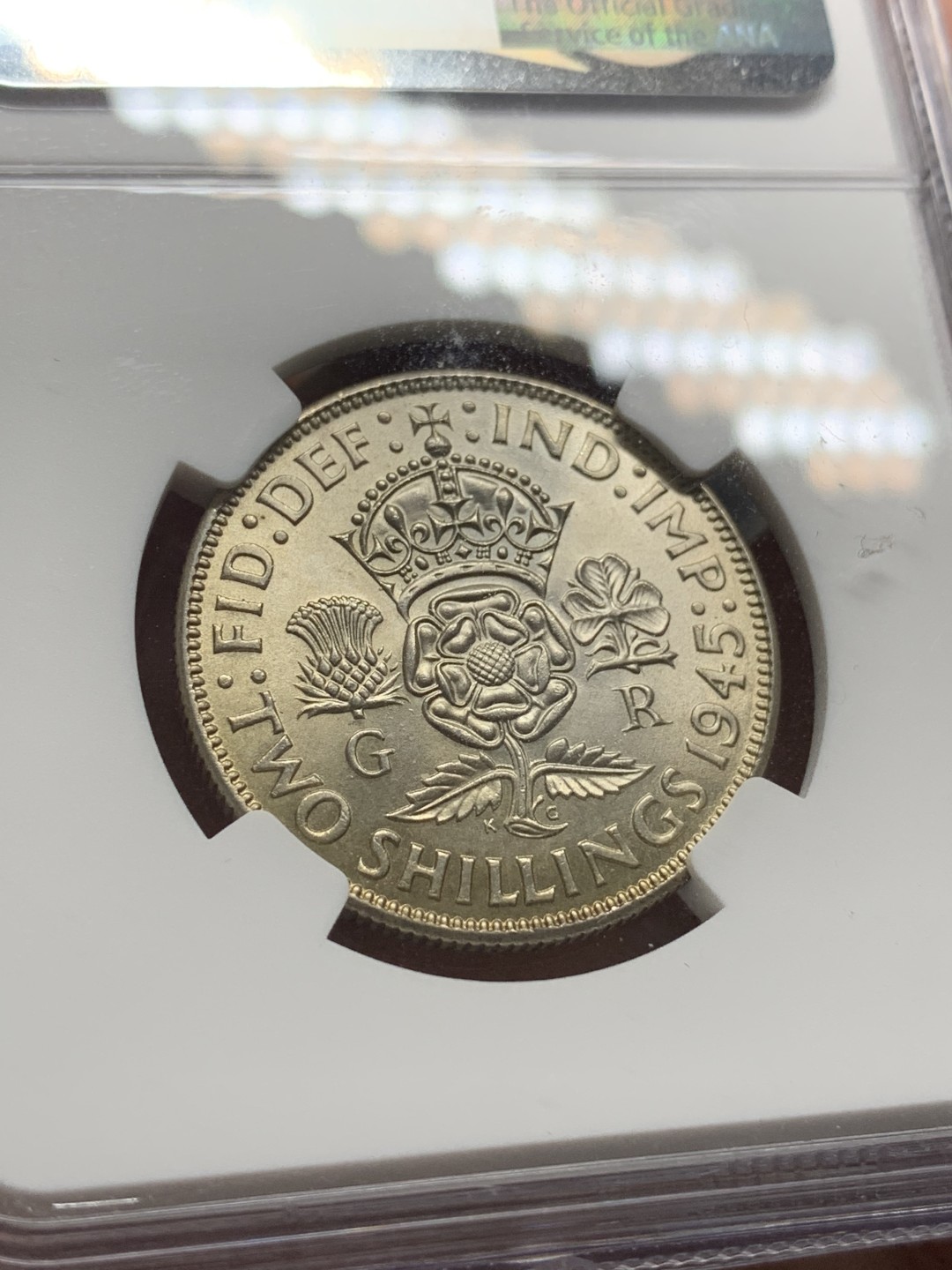 《竞宝斋》第96场-本周日，周一，周四，3场连拍（全场不限金额包邮） NGC MS62 英国 1945年 乔治六世 2先令 =1福林 银币 状态非常好