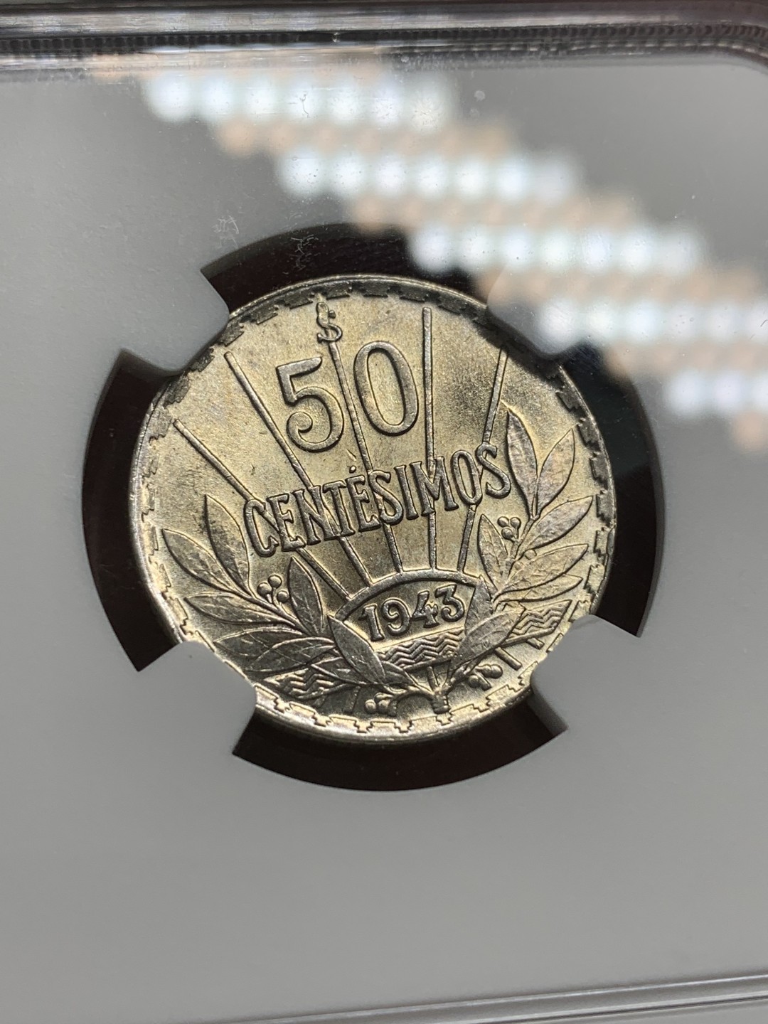 《竞宝斋》第96场-本周日，周一，周四，3场连拍（全场不限金额包邮） NGC MS62 乌拉圭 1943年 50分银币