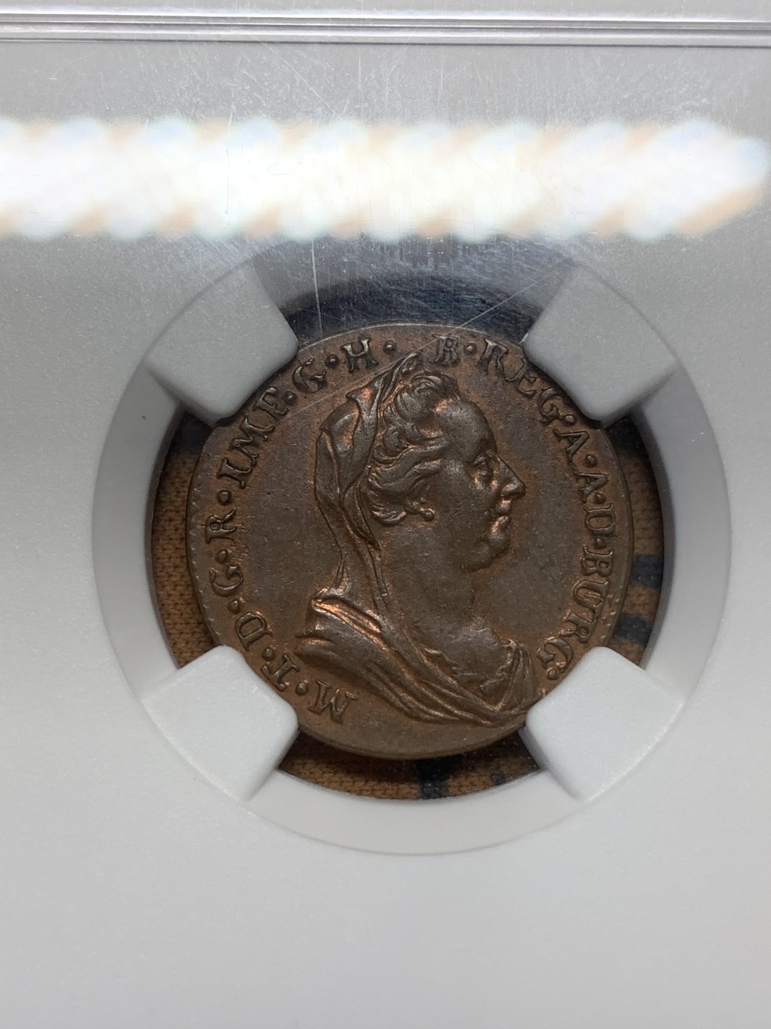 《竞宝斋》第96场-本周日，周一，周四，3场连拍（全场不限金额包邮） NGC AU55，奥属尼德兰，1778年，特蕾莎大奶妈1L铜币，原光好品，非常少见。