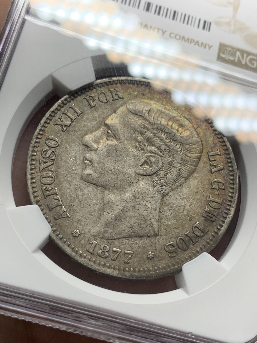 《竞宝斋》第96场-本周日，周一，周四，3场连拍（全场不限金额包邮） NGC-XF45 西班牙1877年 阿方索十二世 5比塞塔双柱 大银币 酱彩 很漂亮