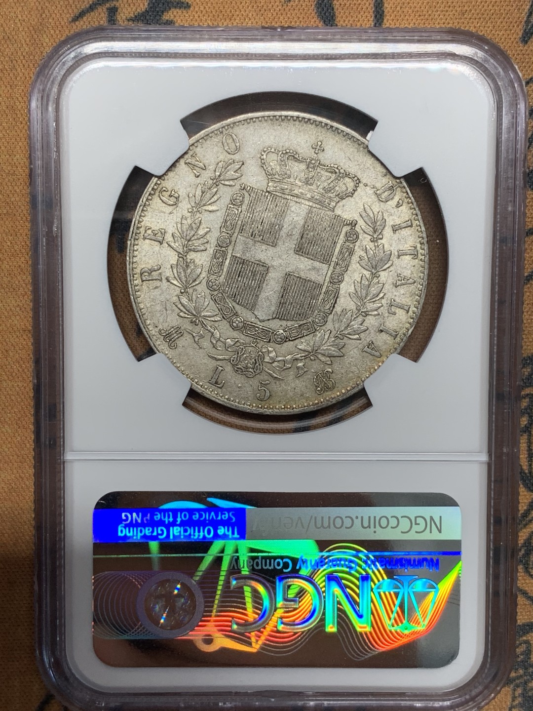 《竞宝斋》第96场-本周日，周一，周四，3场连拍（全场不限金额包邮） NGC-AU53 意大利1872年 埃曼纽尔二世 米兰造 5里拉大银币 好品原味带光