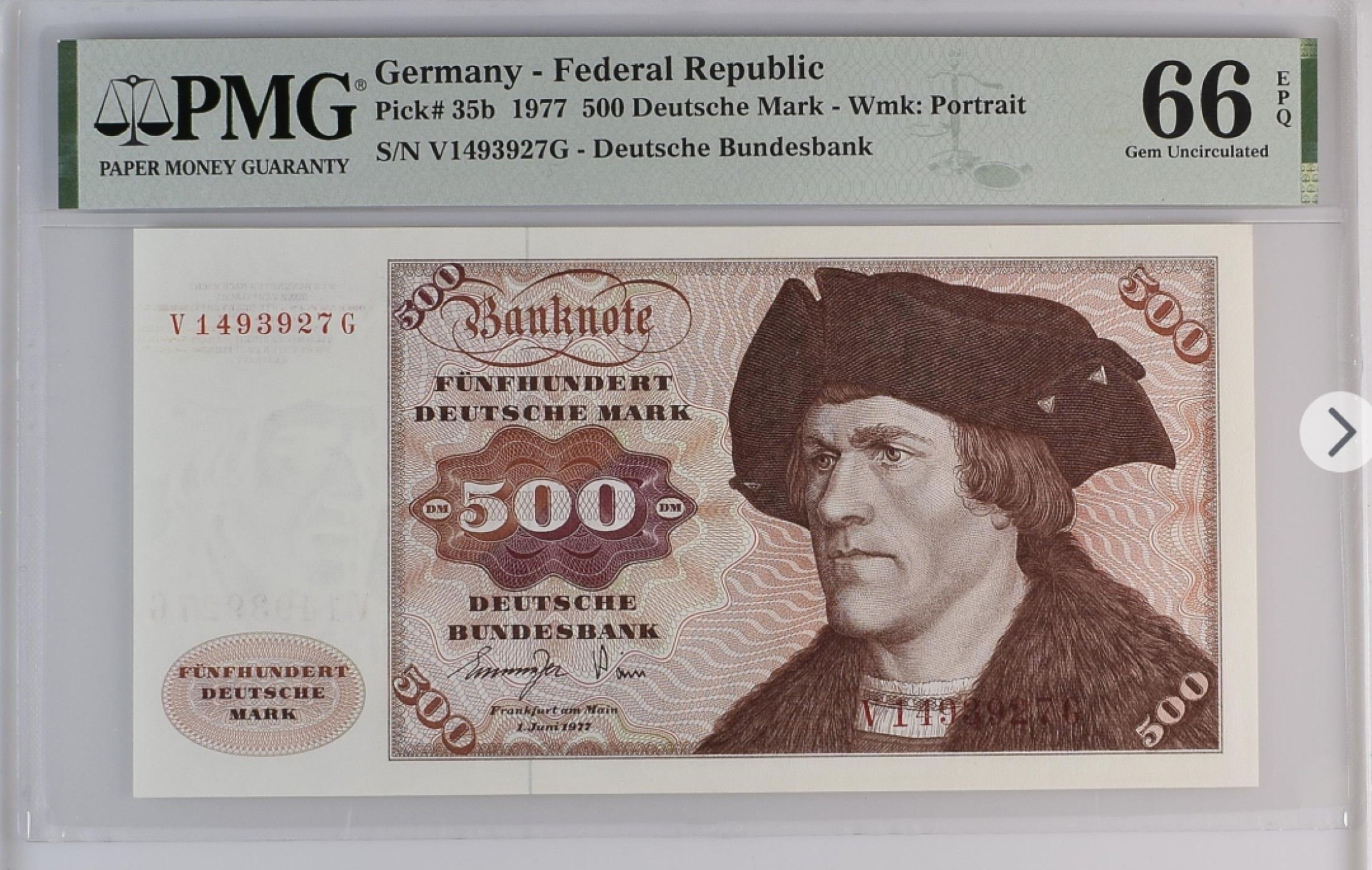 收藏联盟Quantum Auction 第193期拍卖(已更新) 德国联邦1977年500马克 PMG66 名画《无须男子肖像》