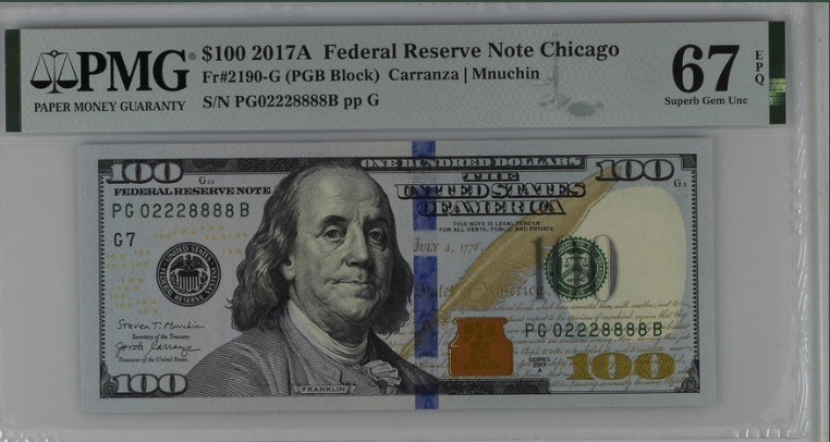 收藏联盟Quantum Auction 第193期拍卖(已更新) 美国2017年联邦储蓄券100美元 PMG67 豹子号加狮子号8888