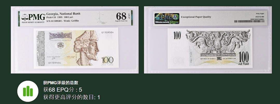 《张总收藏》73期——外币大拍 格鲁吉亚100拉里PMG68E超高亚军分 冠军仅1张 1995年 雕刻非常漂亮