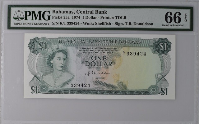 收藏联盟Quantum Auction 第193期拍卖(已更新) 巴哈马1974年1元 PMG66 德纳罗彩背 热带鱼