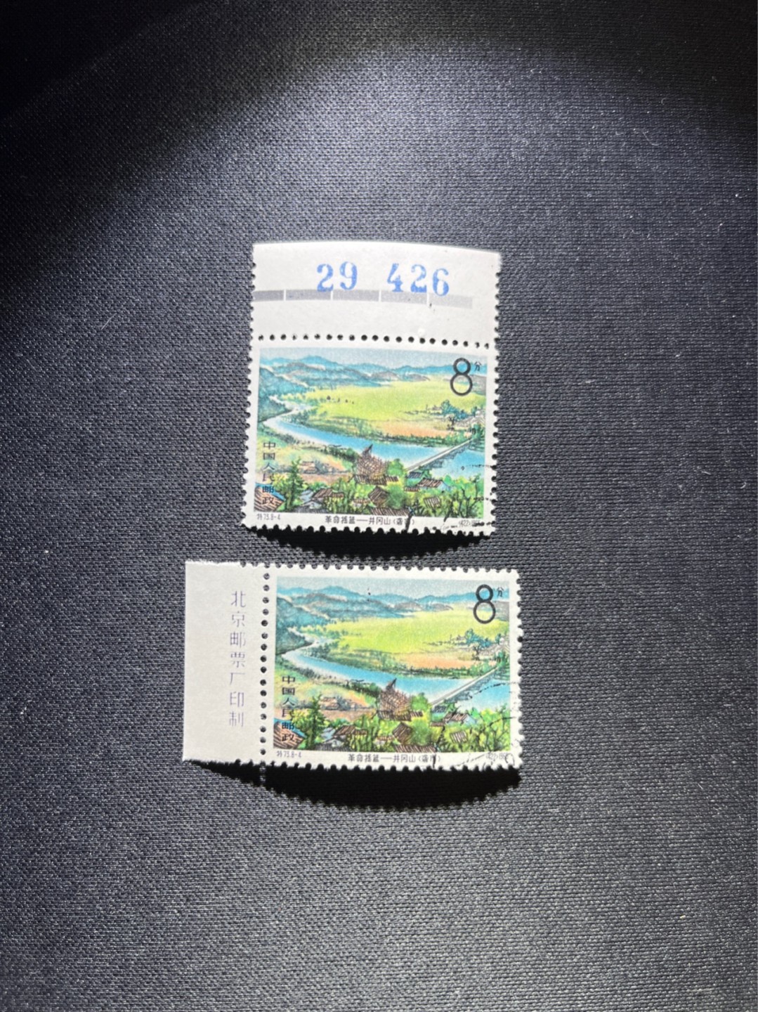 洪涛臻品 精选邮票限时拍卖第三十四期 特73井冈山盖销  8-4 厂名 1枚，色标 版号1枚，共2枚 ，三俗稀缺，版撕全品嘎嘎绝，✦完美品相✦解放初的经典票，整版撕开，面艳胶白，票挺洁净，齿孔完美，收藏评级两相宜，且有高附加值边纸。老纪特的版票资源十分稀缺难寻，机会来临时必须抓住。《ASG评级处于初级阶段，趁便宜囤精品版撕票，后市不可估量》