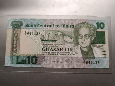 【专场20220927】巾帼不让须眉——女性元素纸币专场 - 【拍品001】马耳他1983版10里拉全新UNC-背有黄点