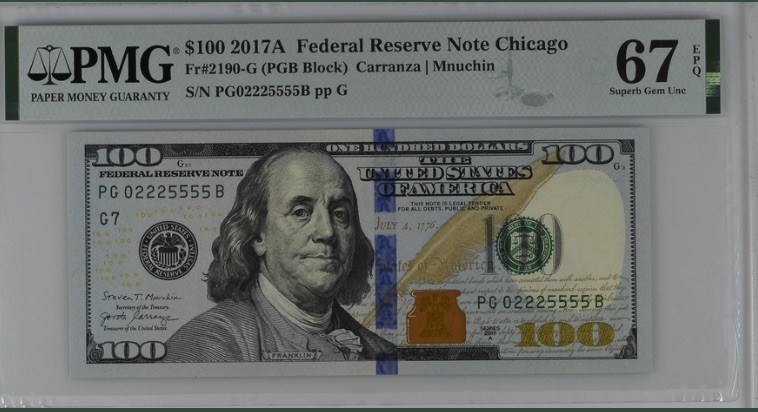 收藏联盟Quantum Auction 第193期拍卖(已更新) 美国2017年联邦储蓄券100美元 PMG67 豹子号加狮子号