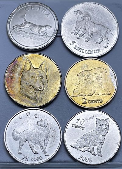 0起1加，零佣金，拍中即包邮（不看金额）【铜匠收藏】散币第九场，好货多多！ - 稀少的 狗动物币 6枚 