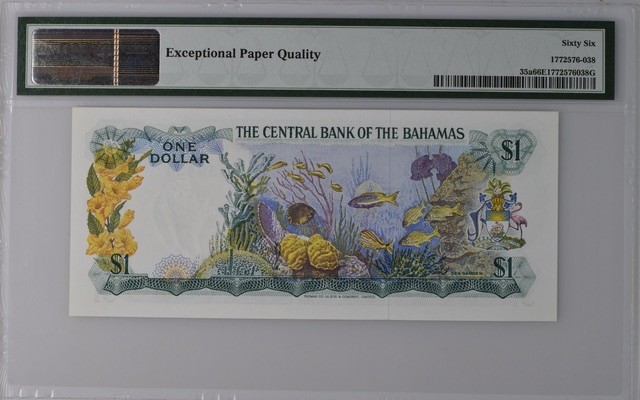 收藏联盟Quantum Auction 第193期拍卖(已更新) 巴哈马1974年1元 PMG66 德纳罗彩背 热带鱼