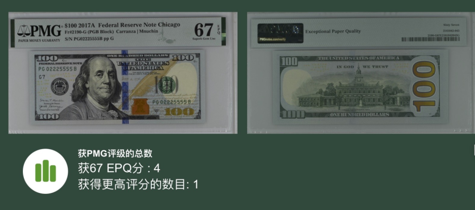 收藏联盟Quantum Auction 第193期拍卖(已更新) 美国2017年联邦储蓄券100美元 PMG67 豹子号加狮子号